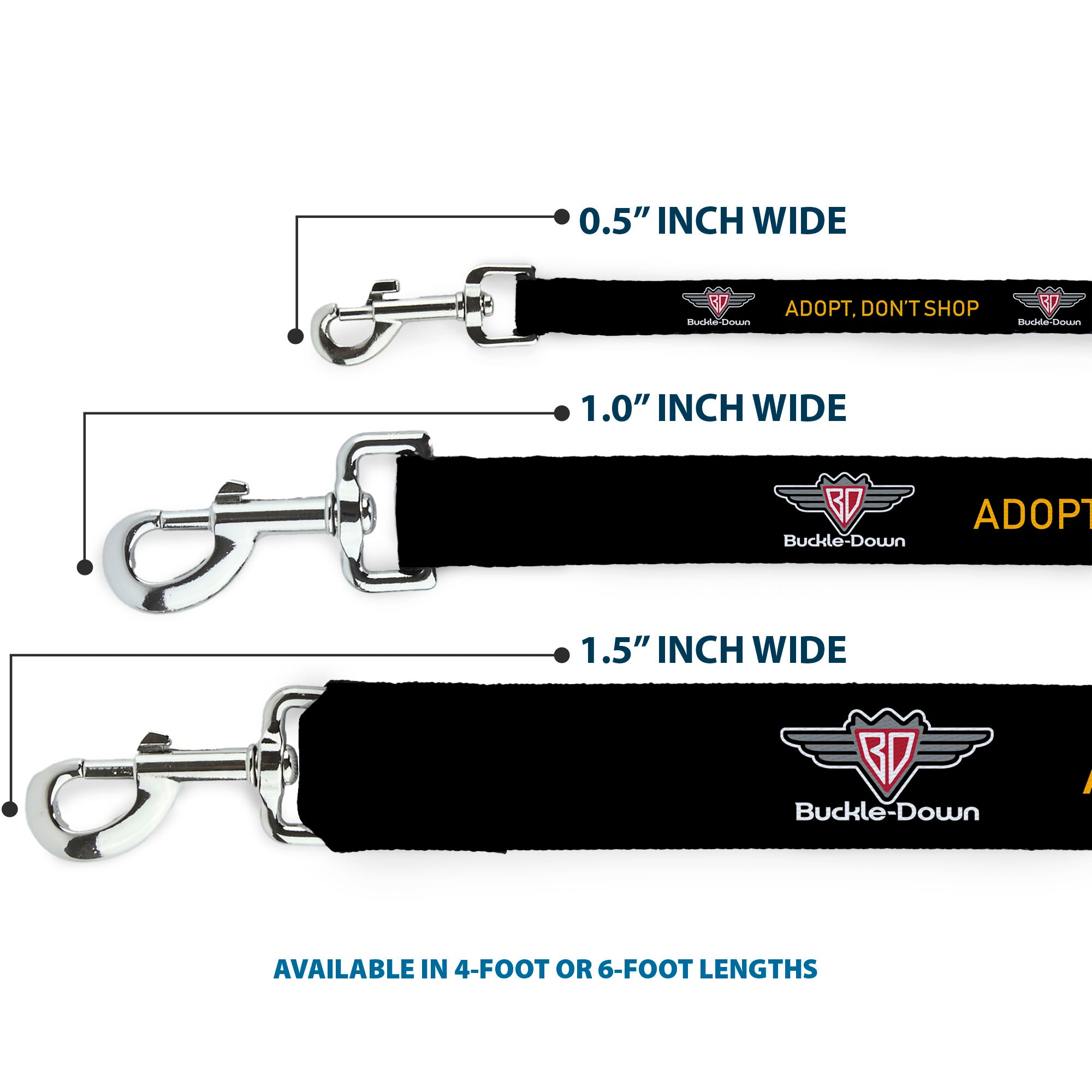 Dog Leash - Buckle-Down Logo ADOPT, DON'T SHOP Black/Yellow