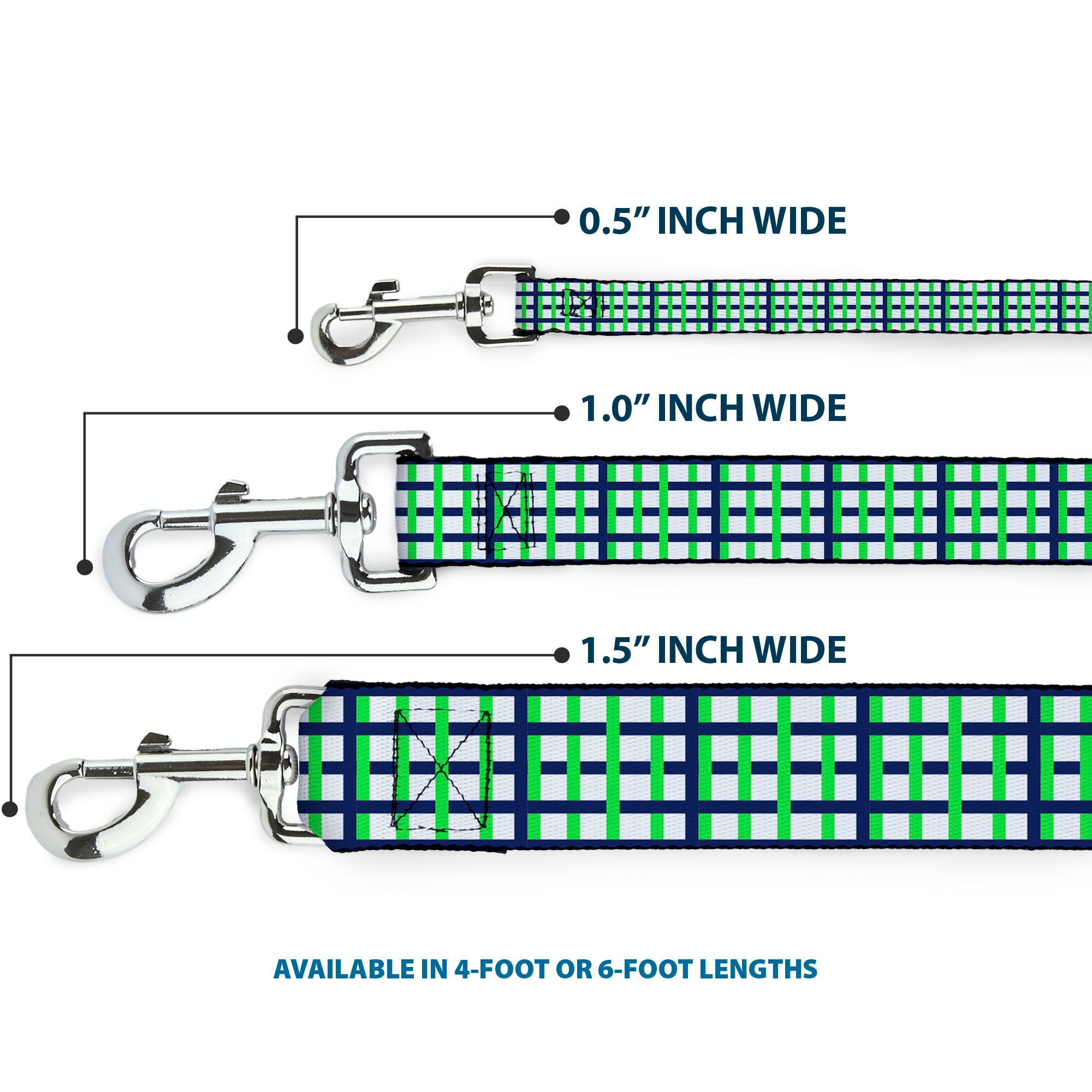 Dog Leash - Basketweave Plaid White/Navy/Bright Green