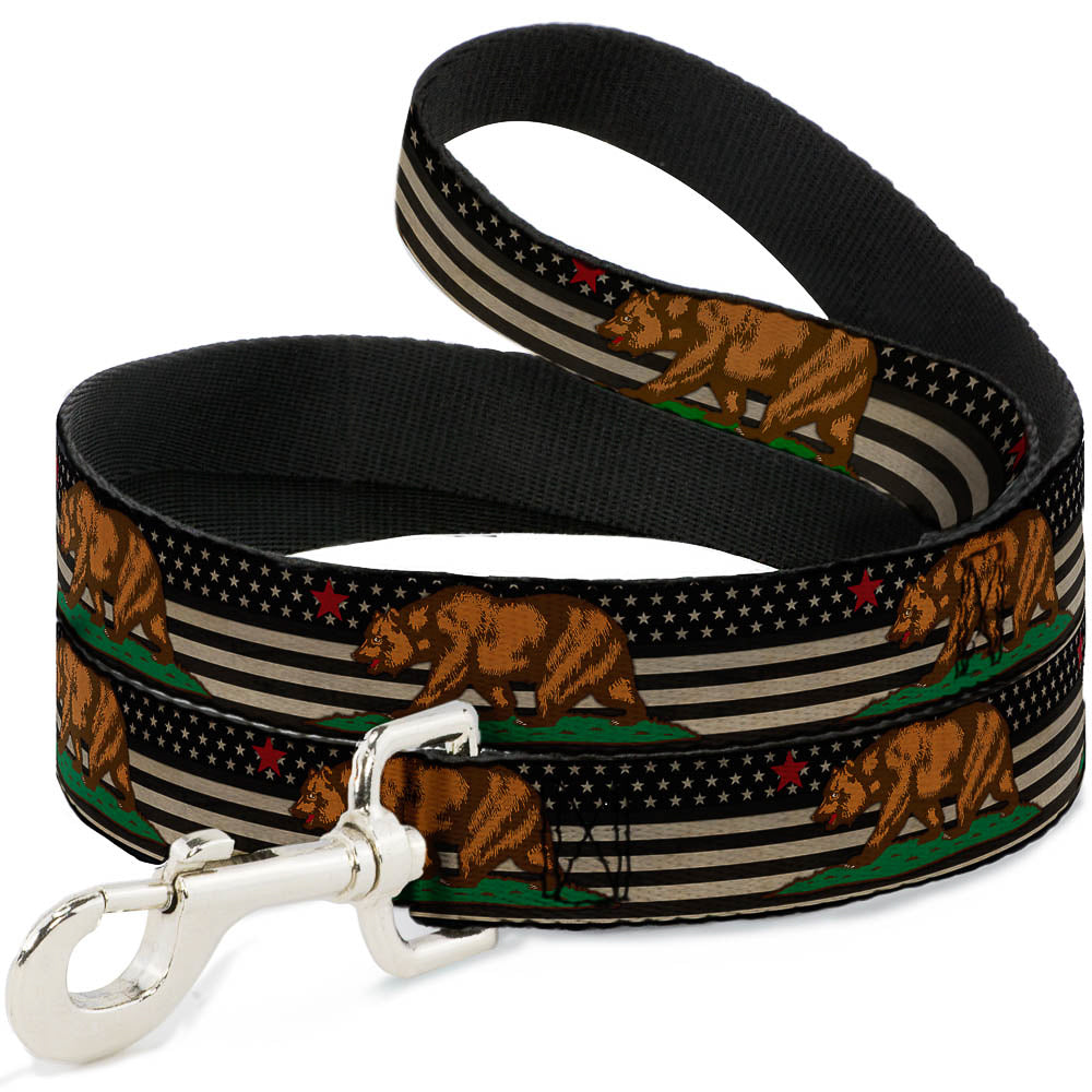 Dog Leash - Cali Bear/Star/US Flag Stretch Black/White/Red