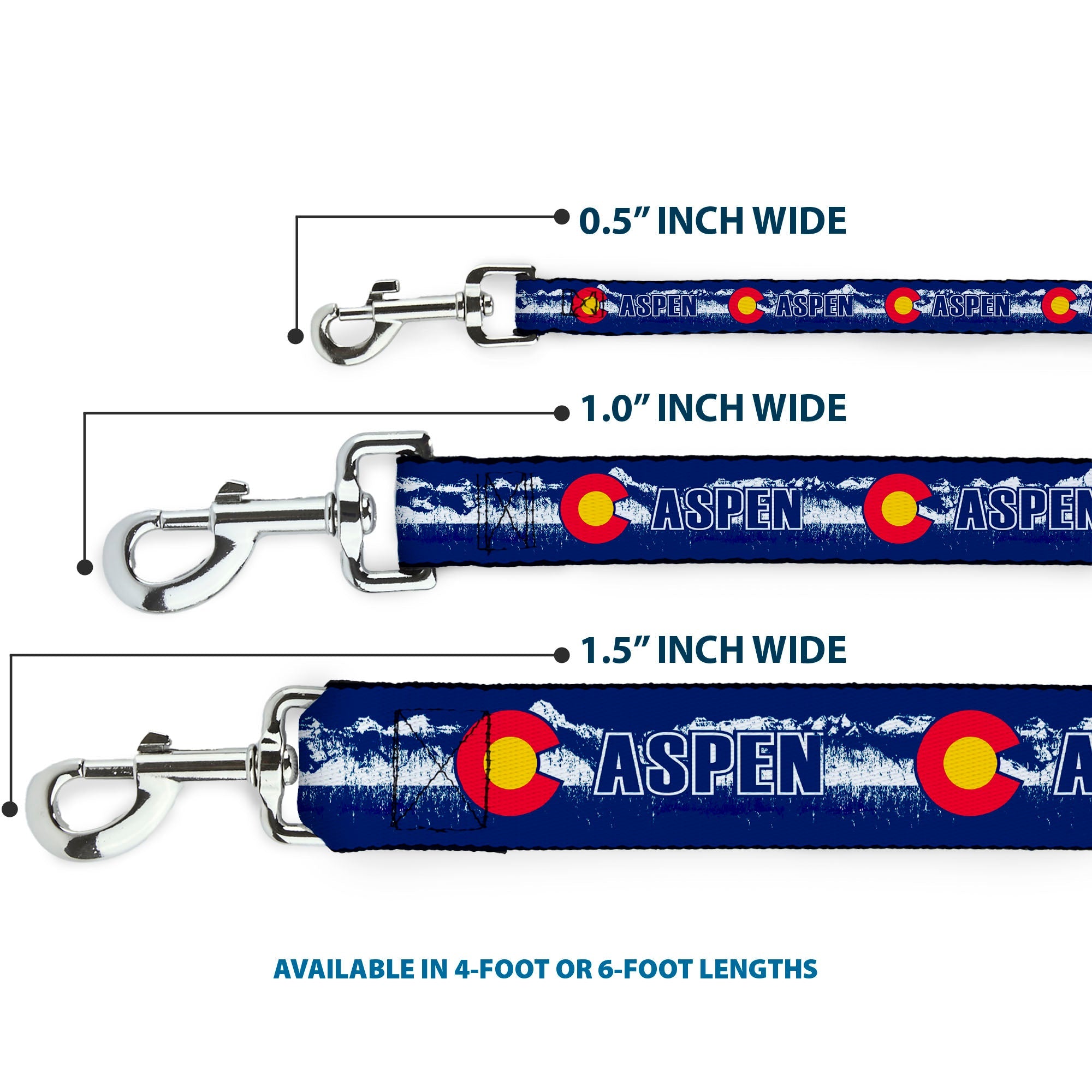 Dog Leash - Colorado ASPEN Flag/Snowy Mountains Weathered2 Blue/White/Red/Yellows