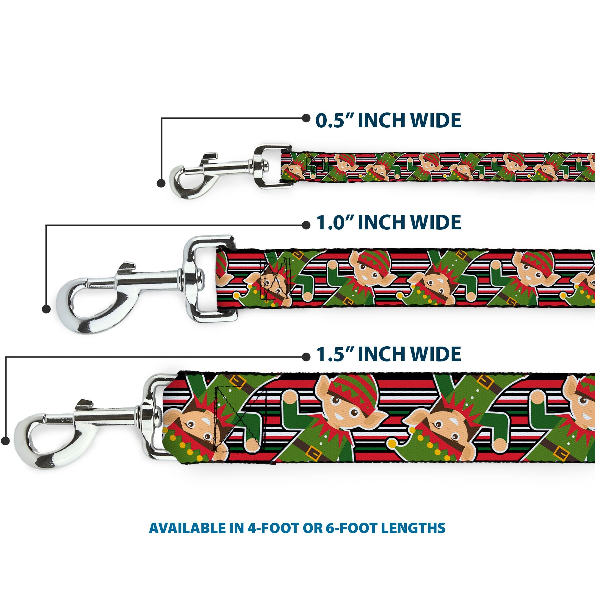 Dog Leash - Christmas Elves/Stripes Black/Red/White/Green