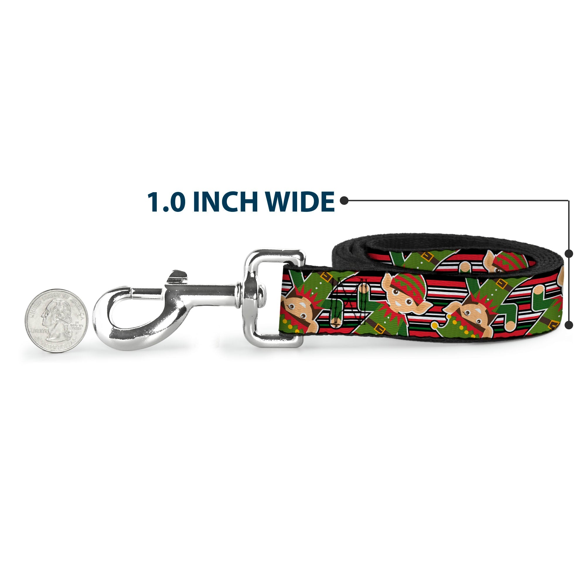 Dog Leash - Christmas Elves/Stripes Black/Red/White/Green