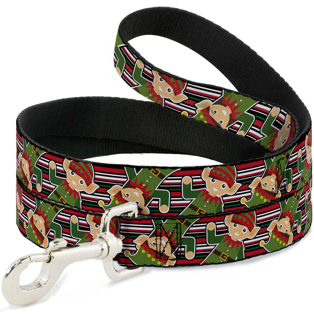 Dog Leash - Christmas Elves/Stripes Black/Red/White/Green