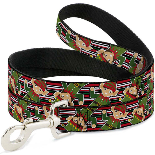 Dog Leash - Christmas Elves/Stripes Black/Red/White/Green