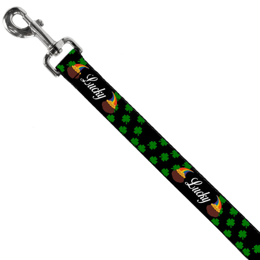 Dog Leash - St. Pat's LUCKY Pot of Gold/Shamrocks Scattered Black/Green/White