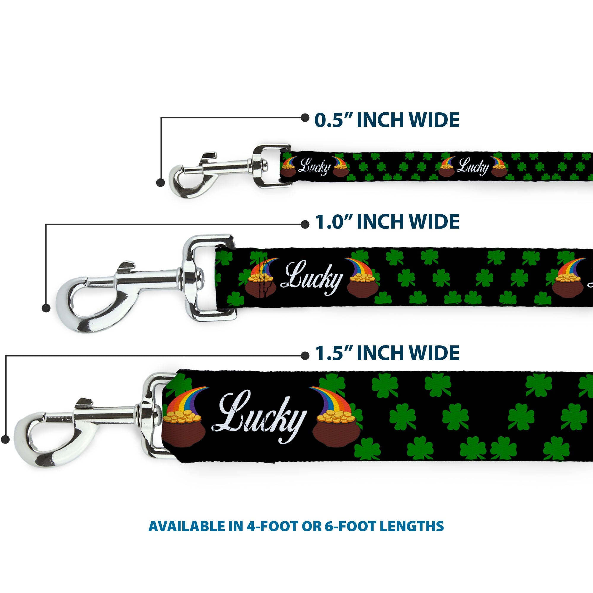 Dog Leash - St. Pat's LUCKY Pot of Gold/Shamrocks Scattered Black/Green/White