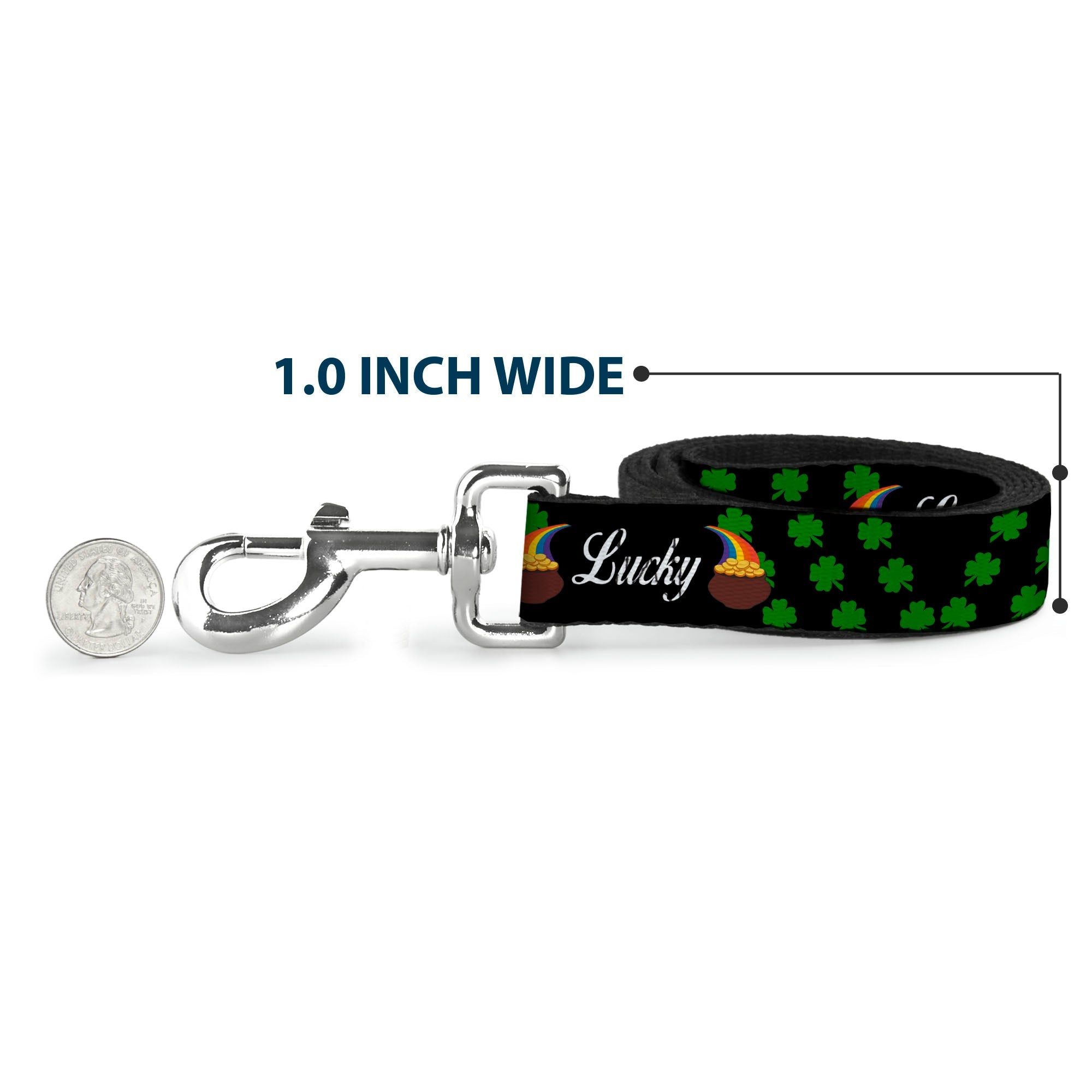 Dog Leash - St. Pat's LUCKY Pot of Gold/Shamrocks Scattered Black/Green/White