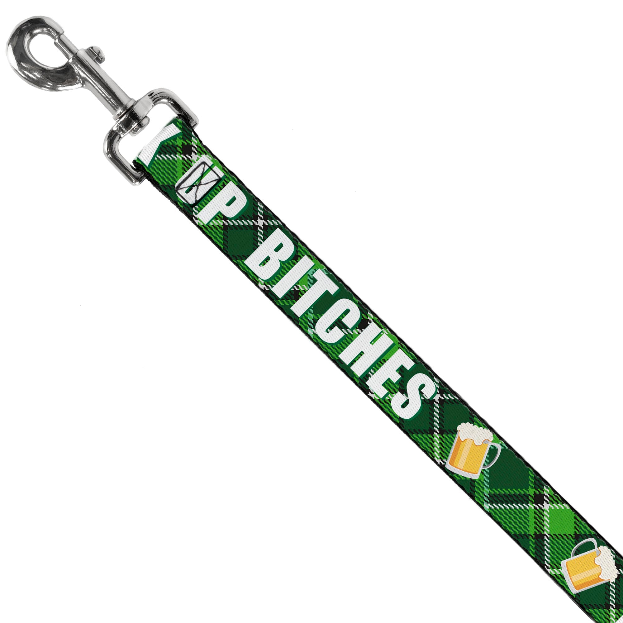 Dog Leash - St. Pat's DRINK UP BITCHES/Beer Mugs/Stacked Shamrocks Greens/White/Gold