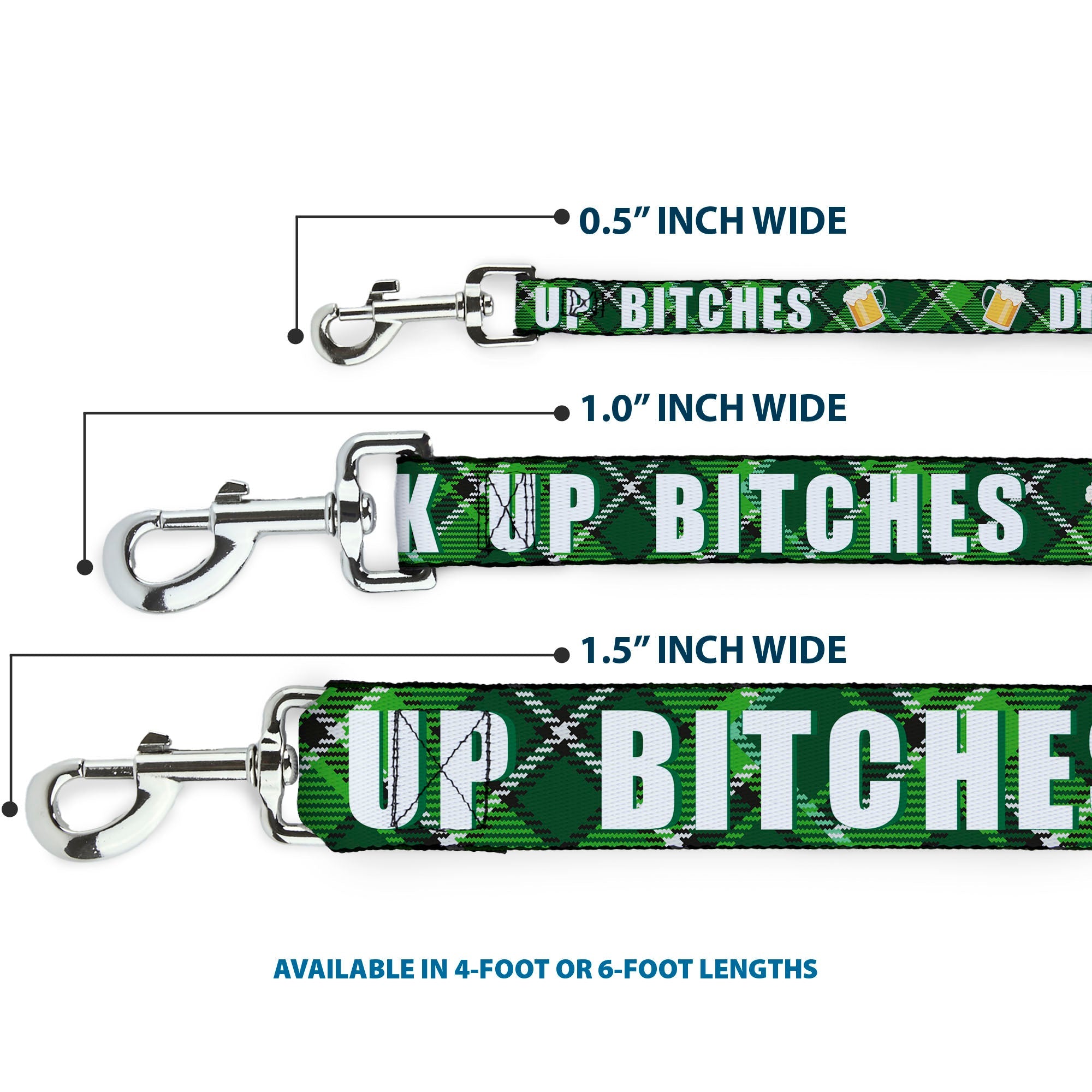 Dog Leash - St. Pat's DRINK UP BITCHES/Beer Mugs/Stacked Shamrocks Greens/White/Gold