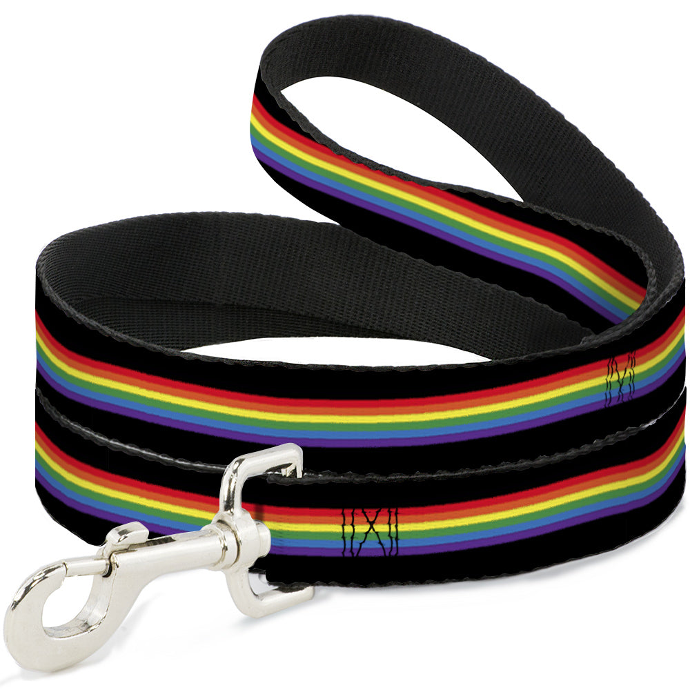Dog leash by Southlake Paws featuring a black background with vibrant rainbow stripes. Durable clip for secure attachment.