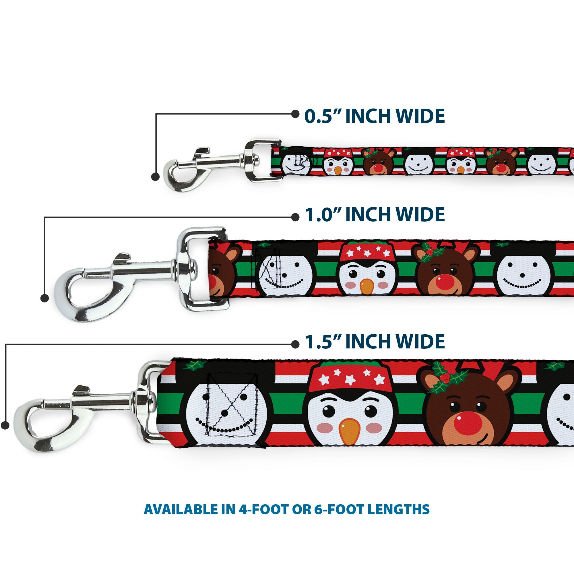 Dog Leash - Christmas Penguin/Reindeer/Snowman Stripe Red/White/Black/Green