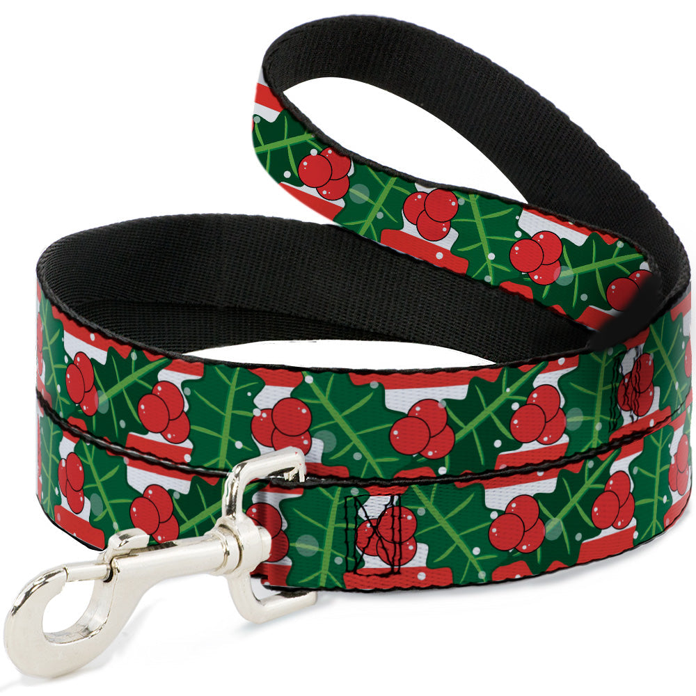 Dog Leash - Snowy Holly Stripe Reds/White/Greens