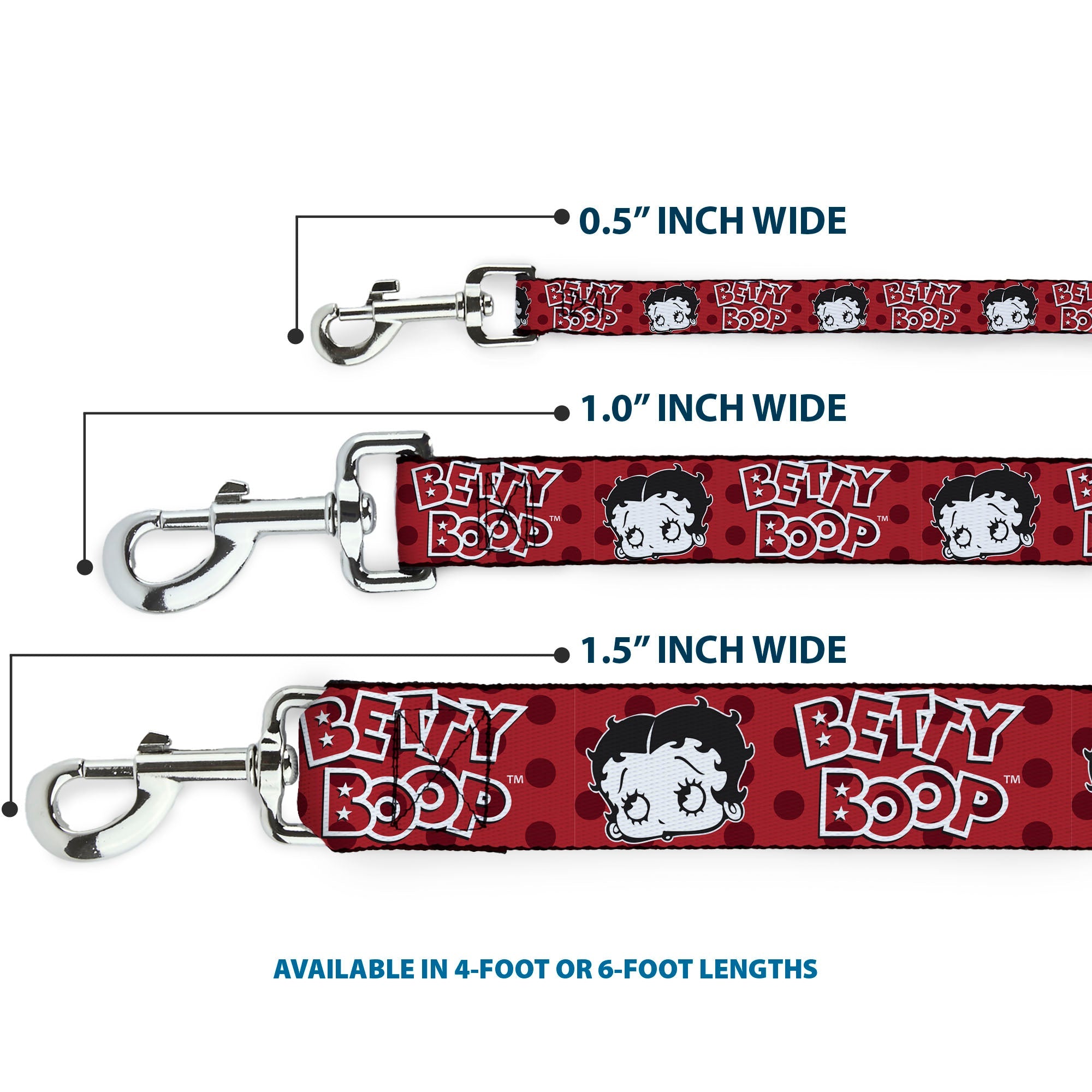 Dog Leash - BETTY BOOP Face and Text Polka Dot Reds/Black/White