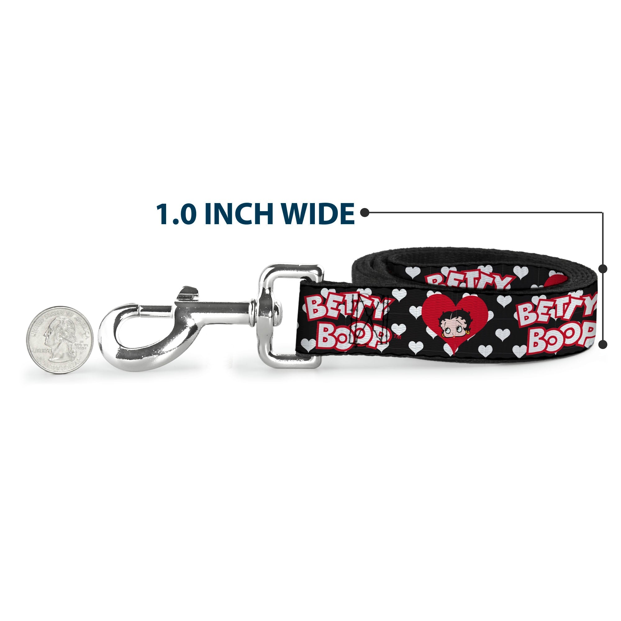 Dog Leash - BETTY BOOP Face and Text Hearts Black/White/Red