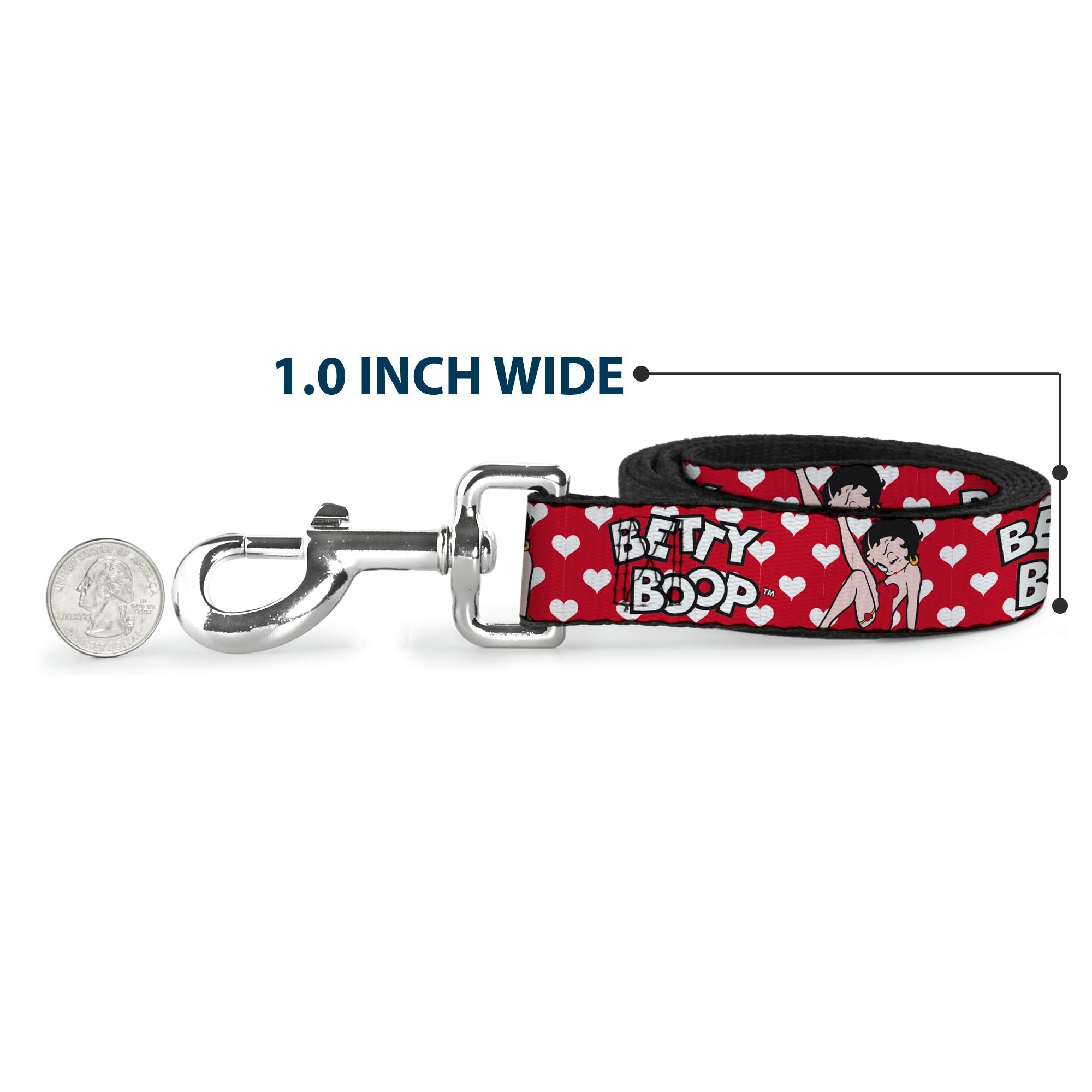 Dog Leash - BETTY BOOP Seated Leg Kick Pose and Text Hearts Red/White/Black