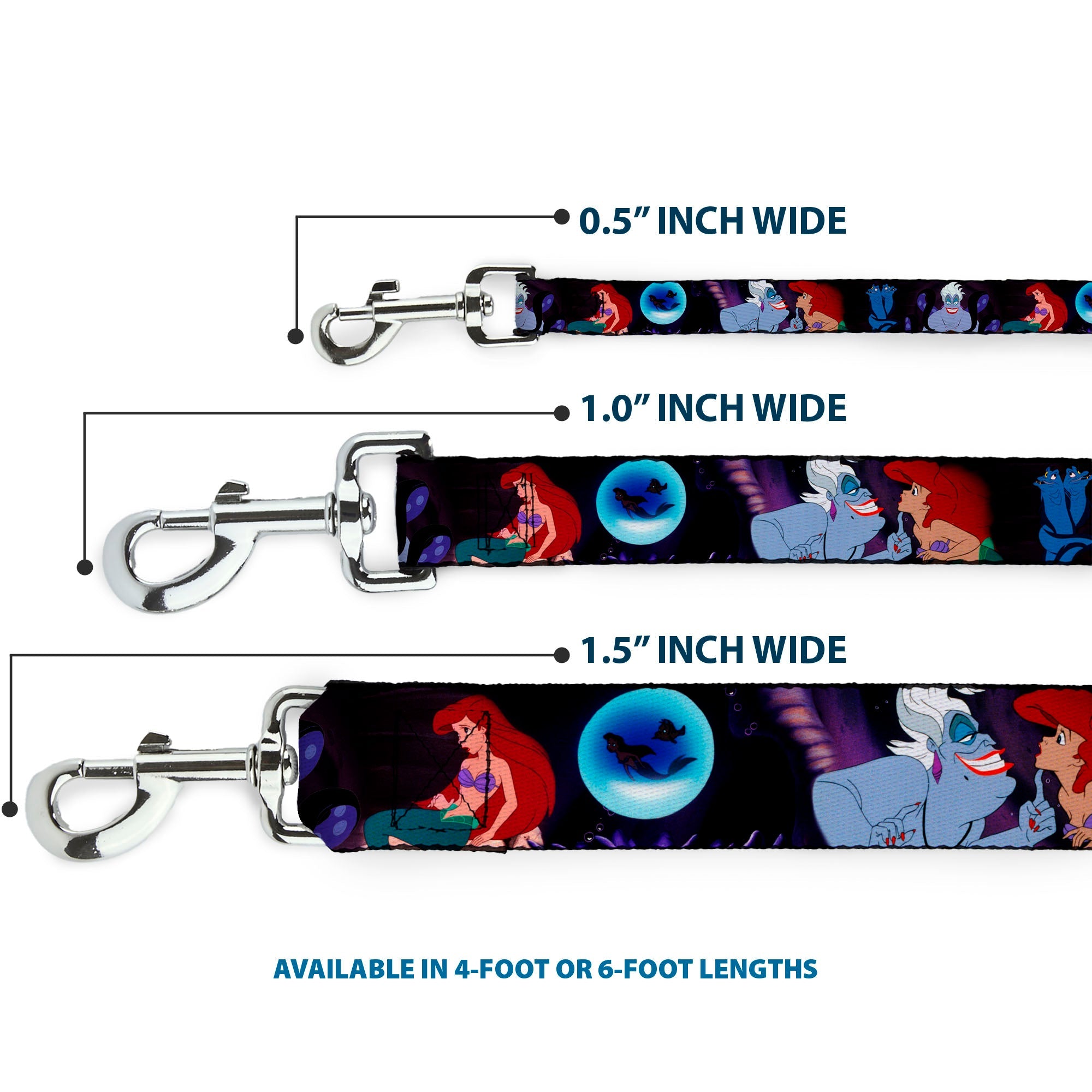 Colorful dog leash featuring scenes of Ariel and Ursula from The Little Mermaid. Available in 4-foot or 6-foot lengths.