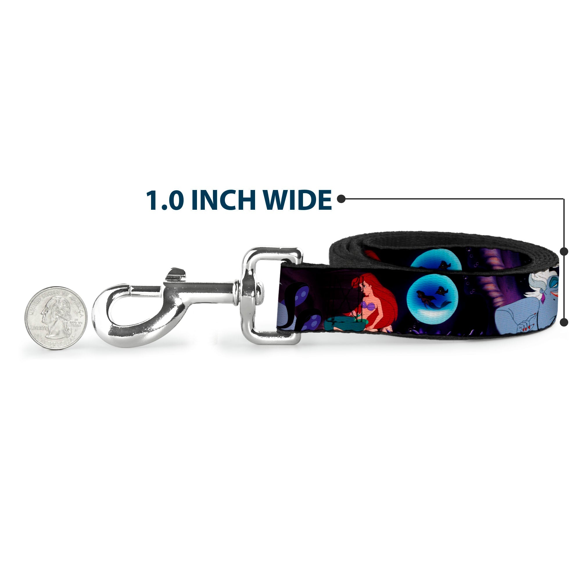 Southlake Paws dog leash featuring The Little Mermaid scenes with Ariel and Ursula, 1.0 inch wide, alongside a quarter for si