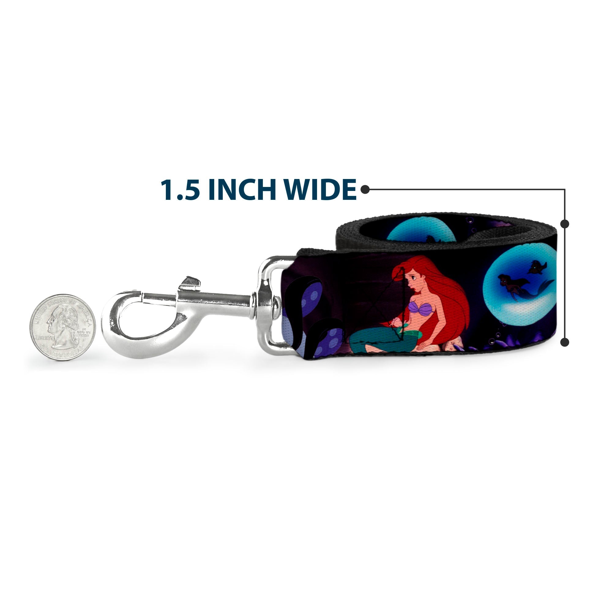 Southlake Paws dog leash featuring The Little Mermaid scenes with Ariel and Ursula, 1.5 inches wide, alongside a quarter for 