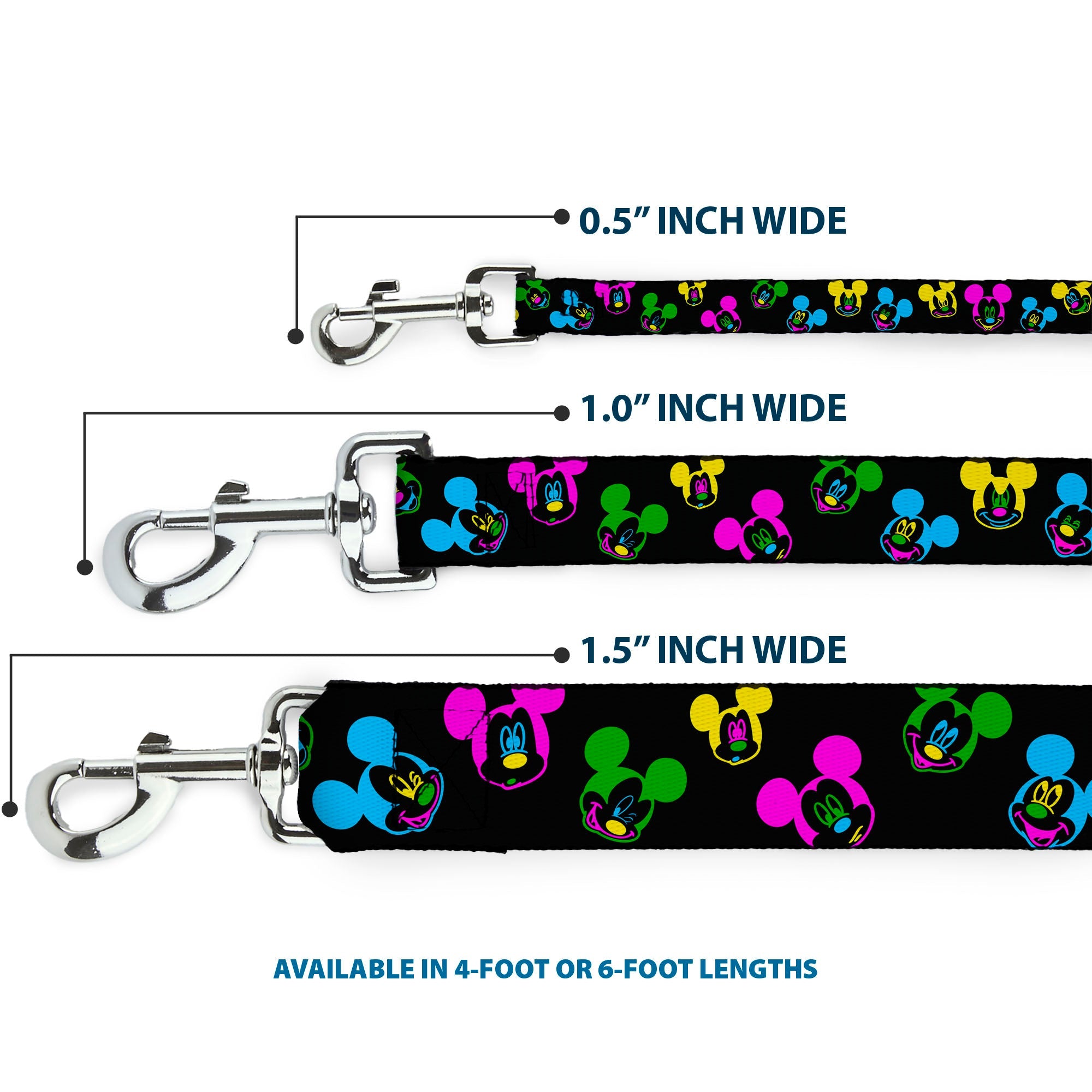 Dog Leash - Mickey Mouse Expressions Scattered Black/Multi Neon