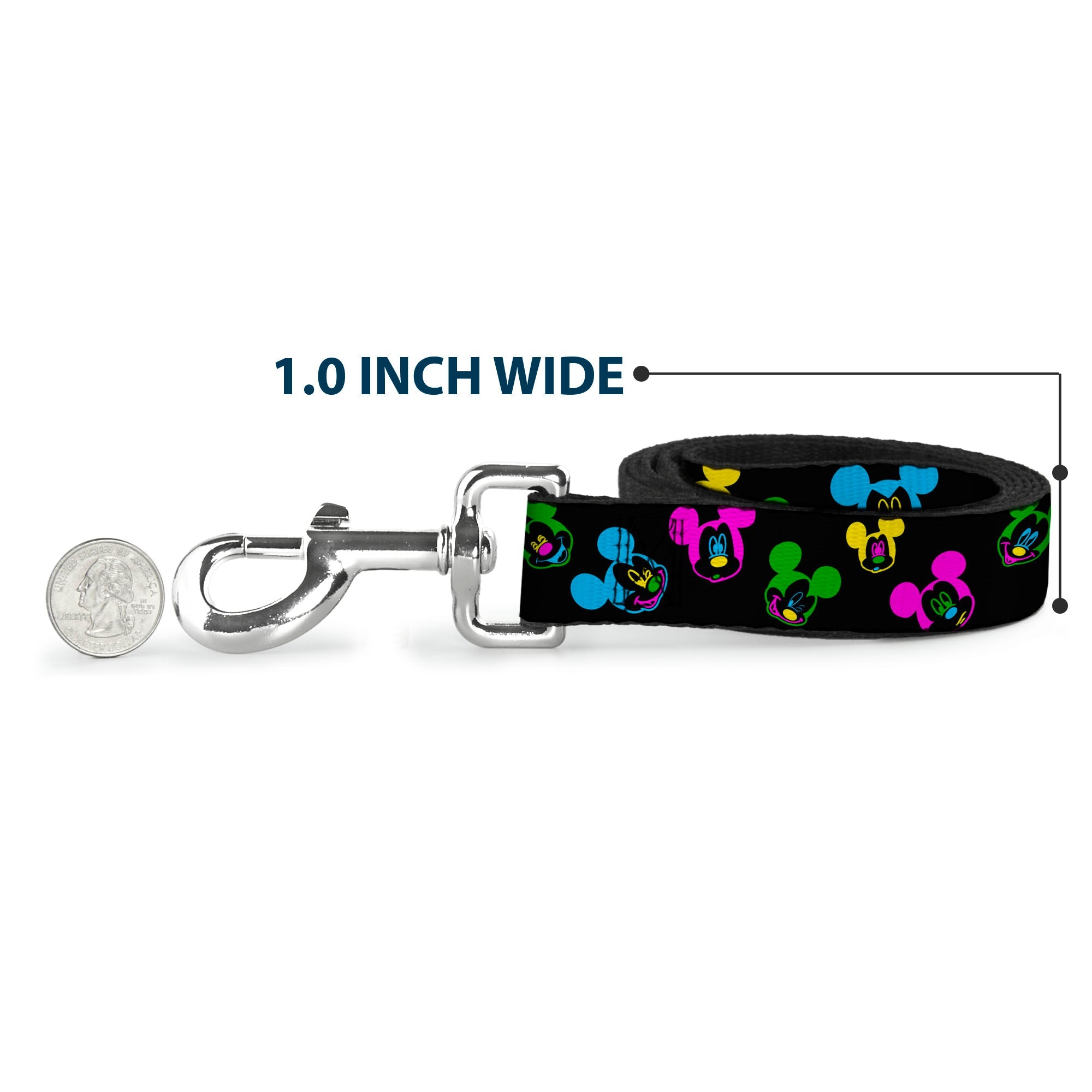 Dog Leash - Mickey Mouse Expressions Scattered Black/Multi Neon