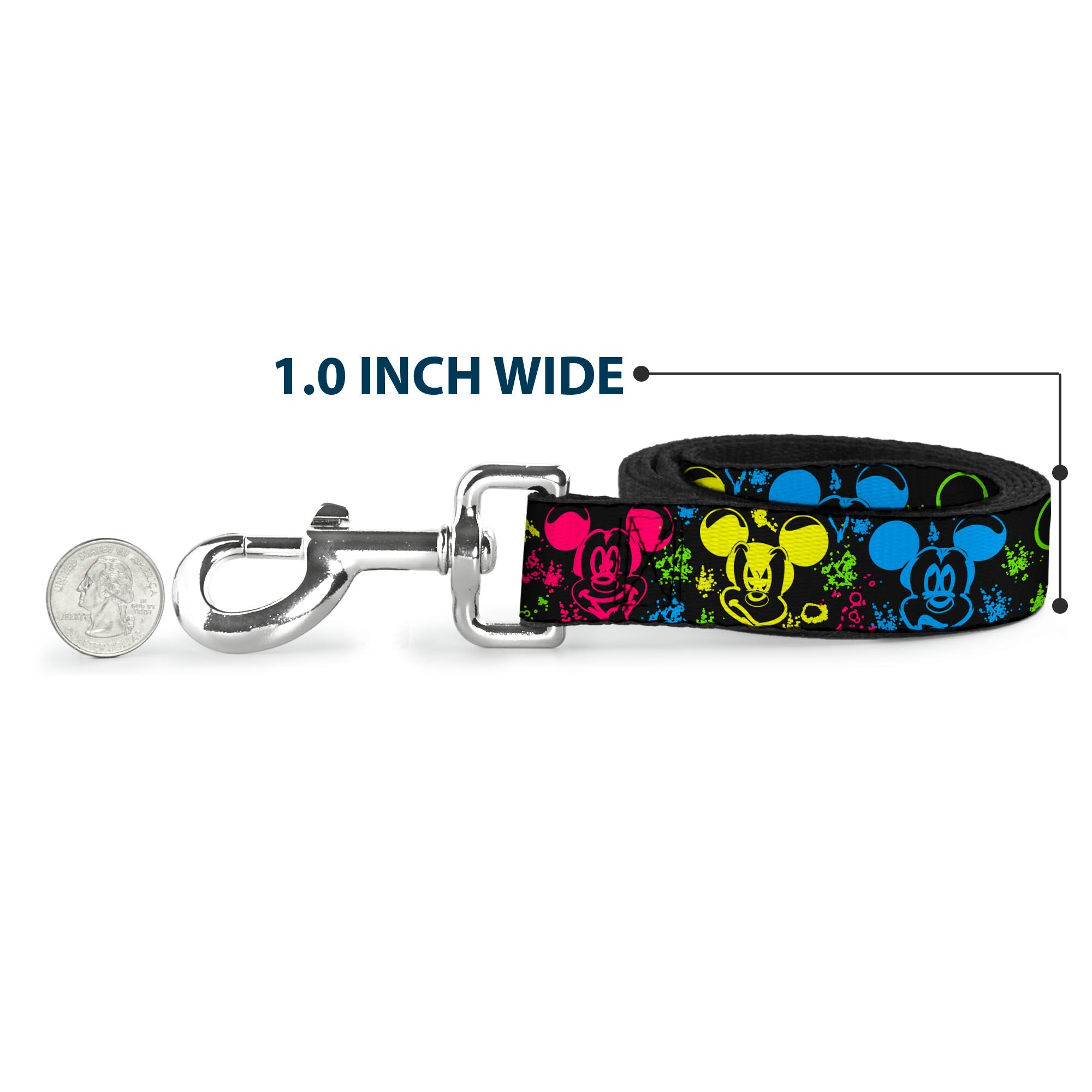 Dog Leash - Mickey Expressions/Paint Splatter Black/Multi Neon