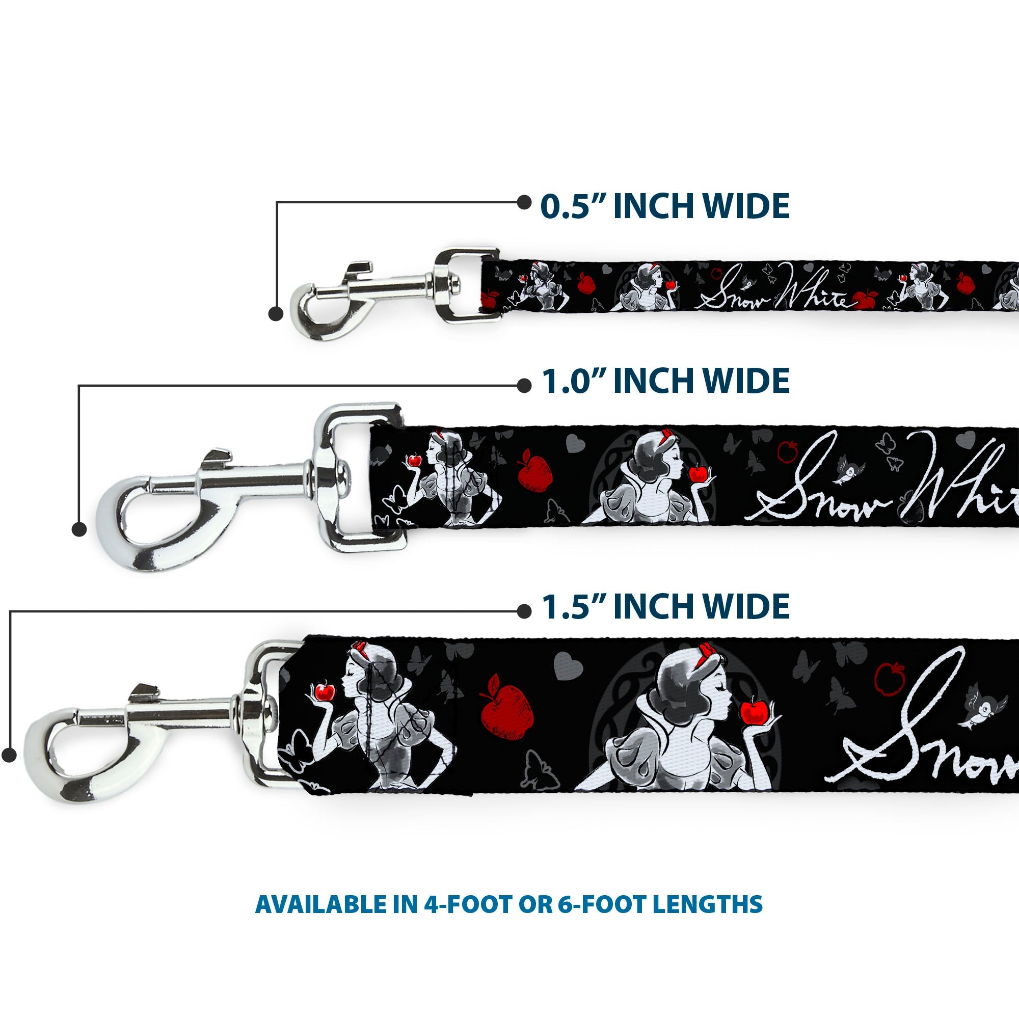Dog Leash - SNOW WHITE Apple Poses/Butterflies Black/Gray/Red