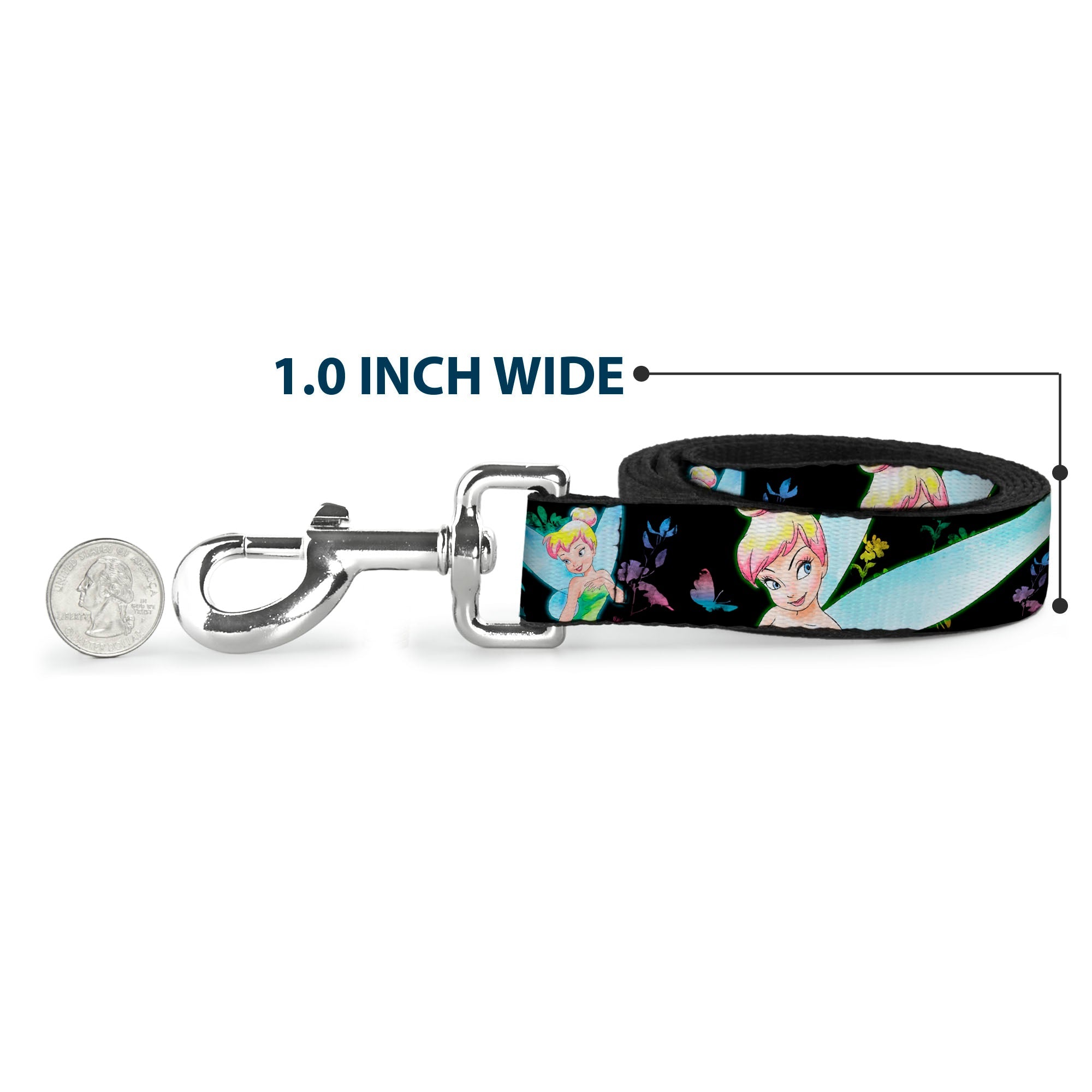 Dog Leash - Glowing Tinker Bell Poses/Butterflies & Flowers Black/Multi Neon