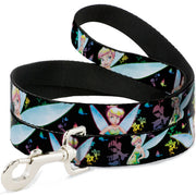 Dog Leash - Glowing Tinker Bell Poses/Butterflies & Flowers Black/Multi Neon