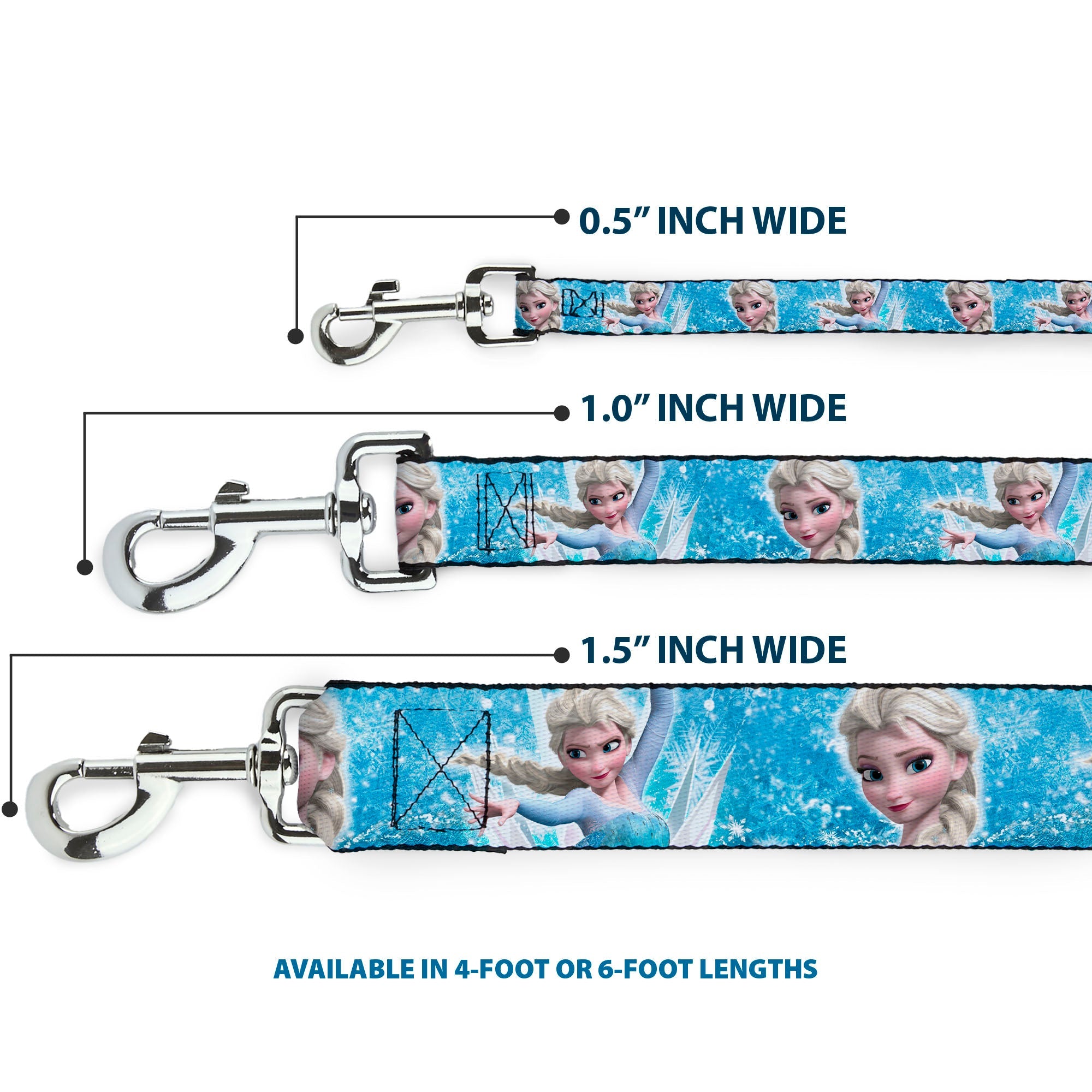 Dog Leash - Frozen Elsa Face/Action Pose/Snowflakes Blues/White
