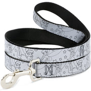 Dog Leash - Tinker Bell Poses/Stars Outline White/Black