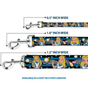 Dog Leash - Alice in Wonderland Poses/Clock/Bottle Diamond/Stripe Black/White/Blues