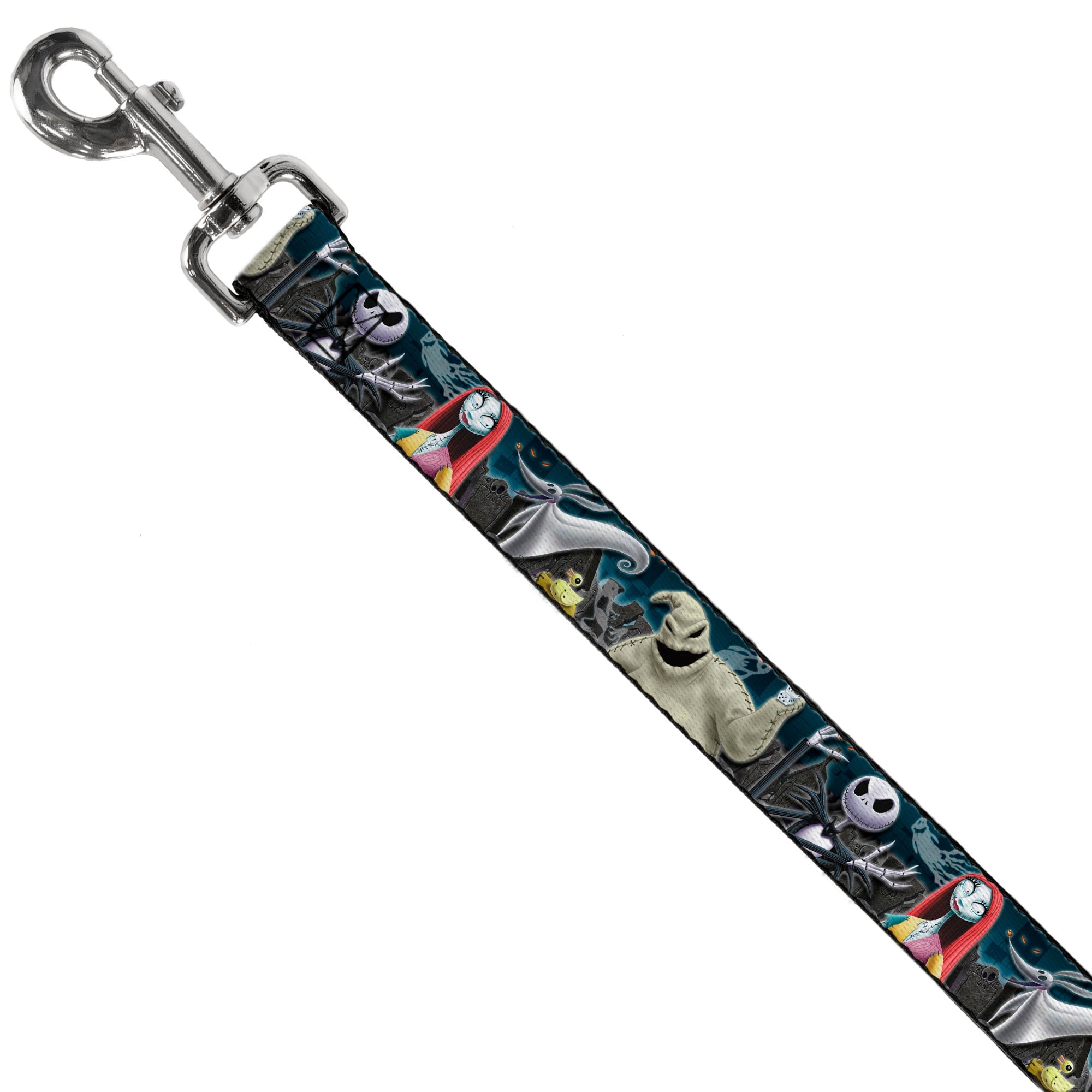 Southlake Paws dog leash featuring a Nightmare Before Christmas design with Jack, Sally, Oogie Boogie, and a cemetery scene.