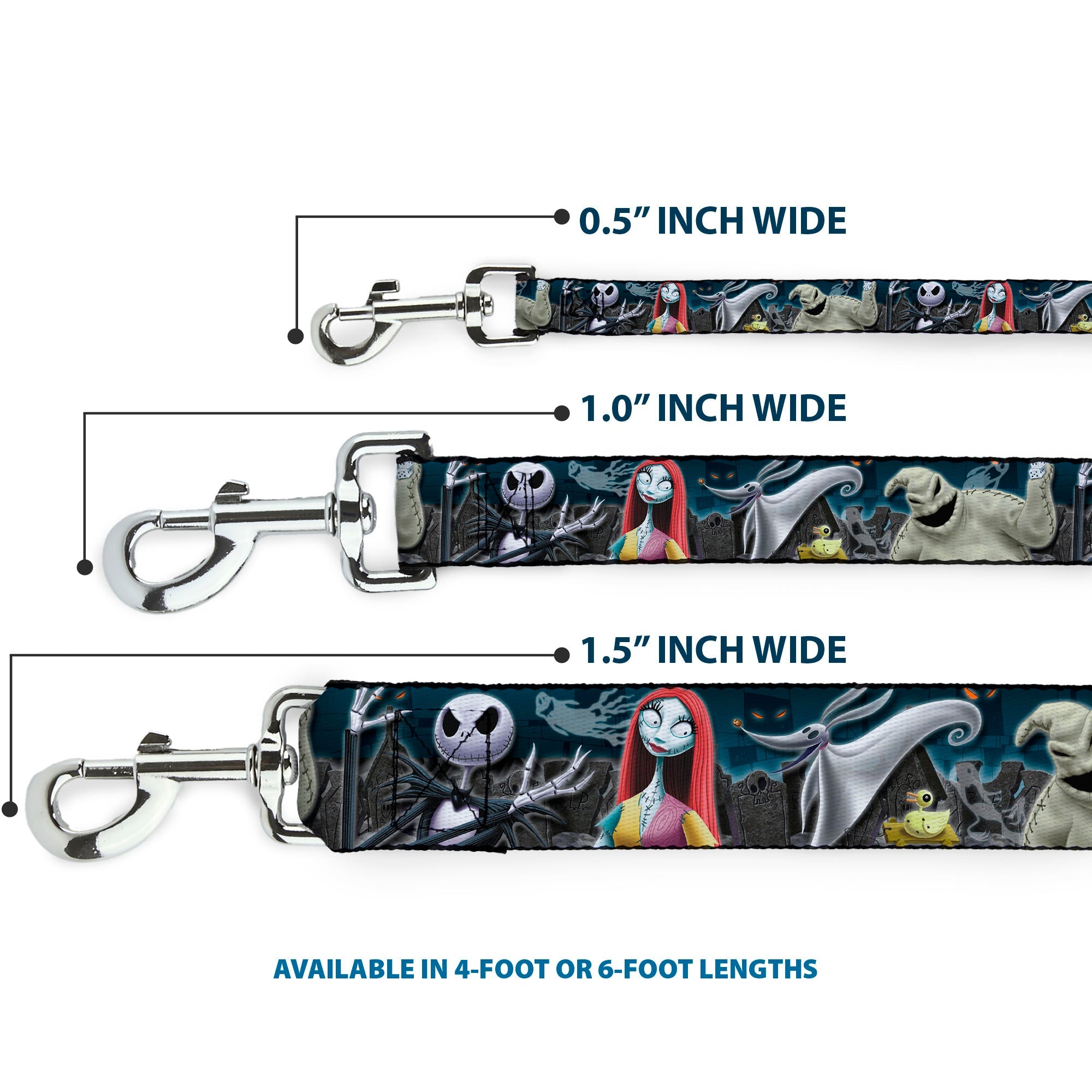 Southlake Paws dog leash featuring Nightmare Before Christmas characters in a cemetery scene, available in 4 or 6-foot length