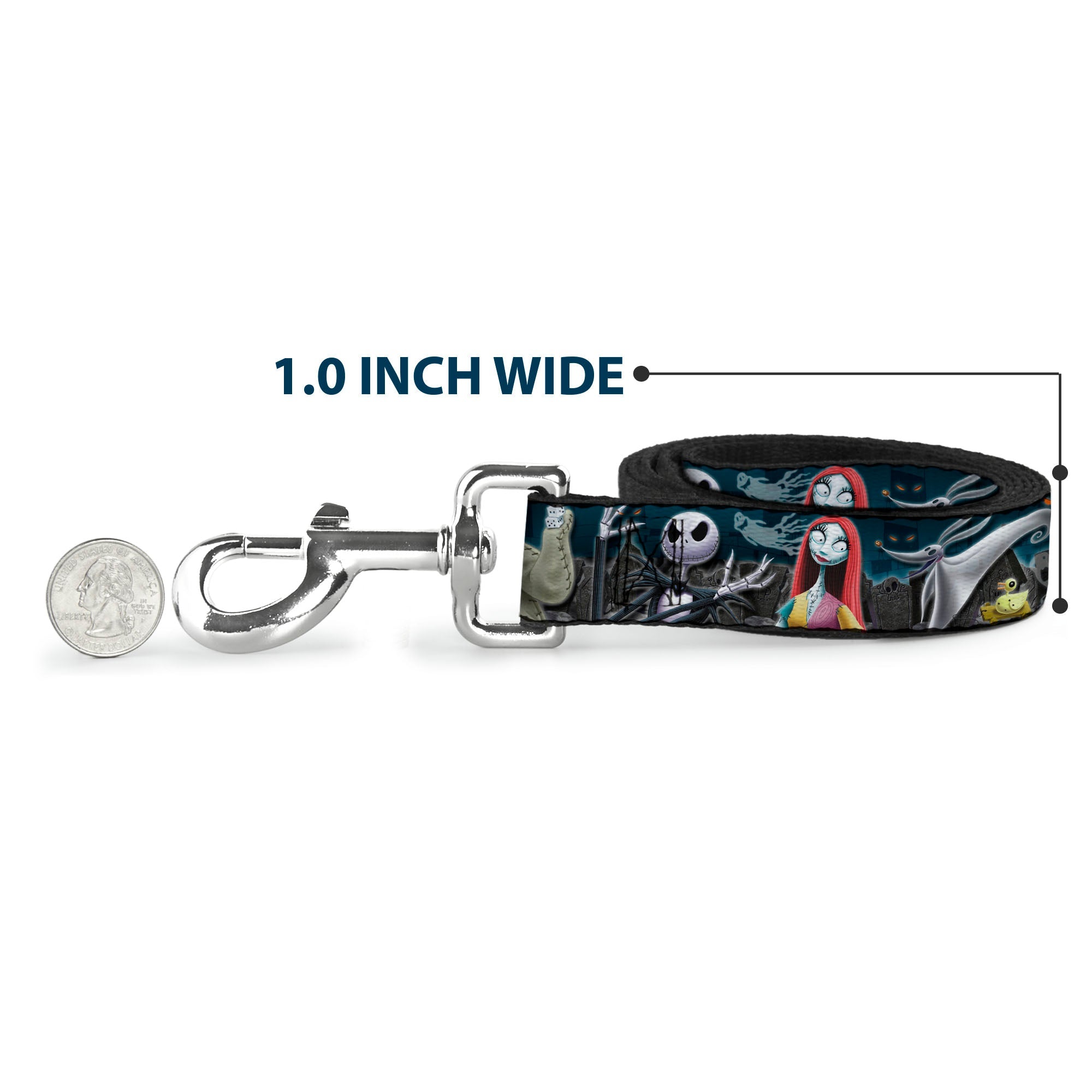 Southlake Paws dog leash featuring a Nightmare Before Christmas cemetery scene with characters, 1.0 inch wide, shown with a q