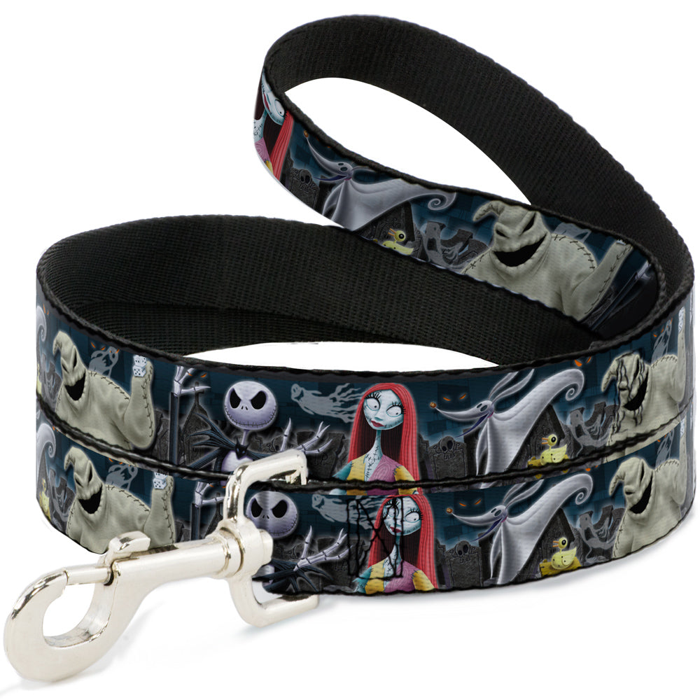 Southlake Paws dog leash featuring a Nightmare Before Christmas design with Jack, Sally, and a cemetery scene.