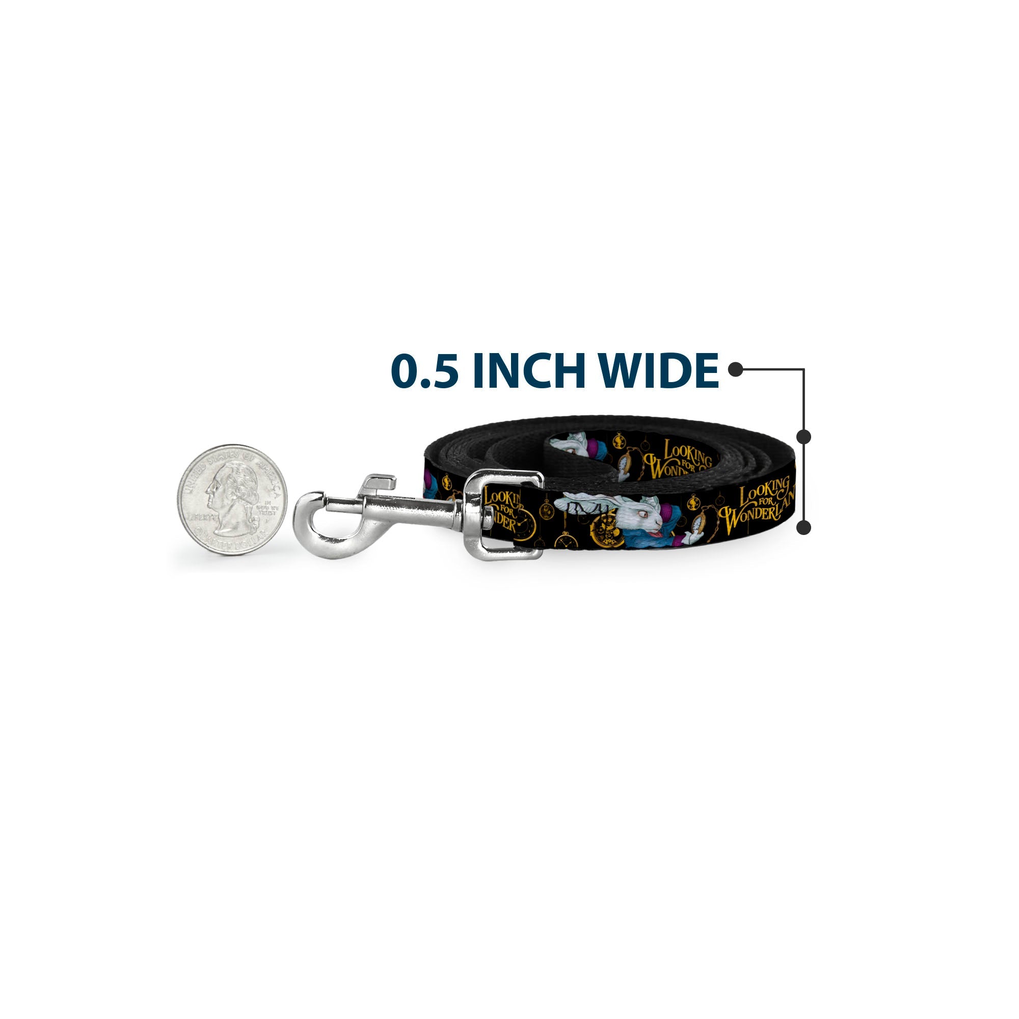 Dog Leash - White Rabbit Poses LOOKING FOR WONDERLAND/Clocks Black/Golds