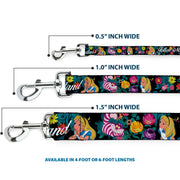 Dog Leash - Alice/Cheshire Cat/Flowers Poses2/FOLLOW ME TO WONDERLAND Black/Multi Color/White