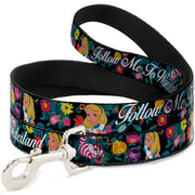Dog Leash - Alice/Cheshire Cat/Flowers Poses2/FOLLOW ME TO WONDERLAND Black/Multi Color/White