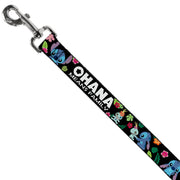 Dog Leash - OHANA MEANS FAMILY/Stitch & Scrump Poses/Tropical Flora Black/White/Multi Color