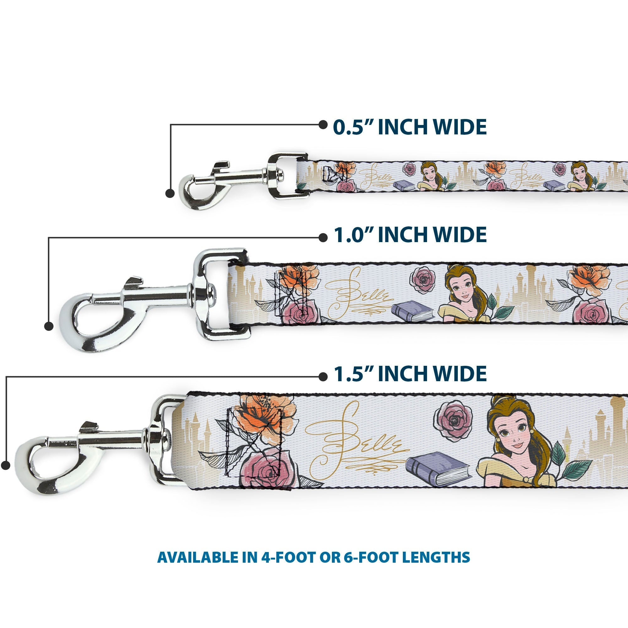 Dog Leash - Beauty and the Beast Belle Castle Pose with Script and Flowers White/Yellows