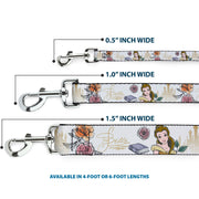 Dog Leash - Beauty and the Beast Belle Castle Pose with Script and Flowers White/Yellows