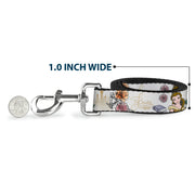 Dog Leash - Beauty and the Beast Belle Castle Pose with Script and Flowers White/Yellows