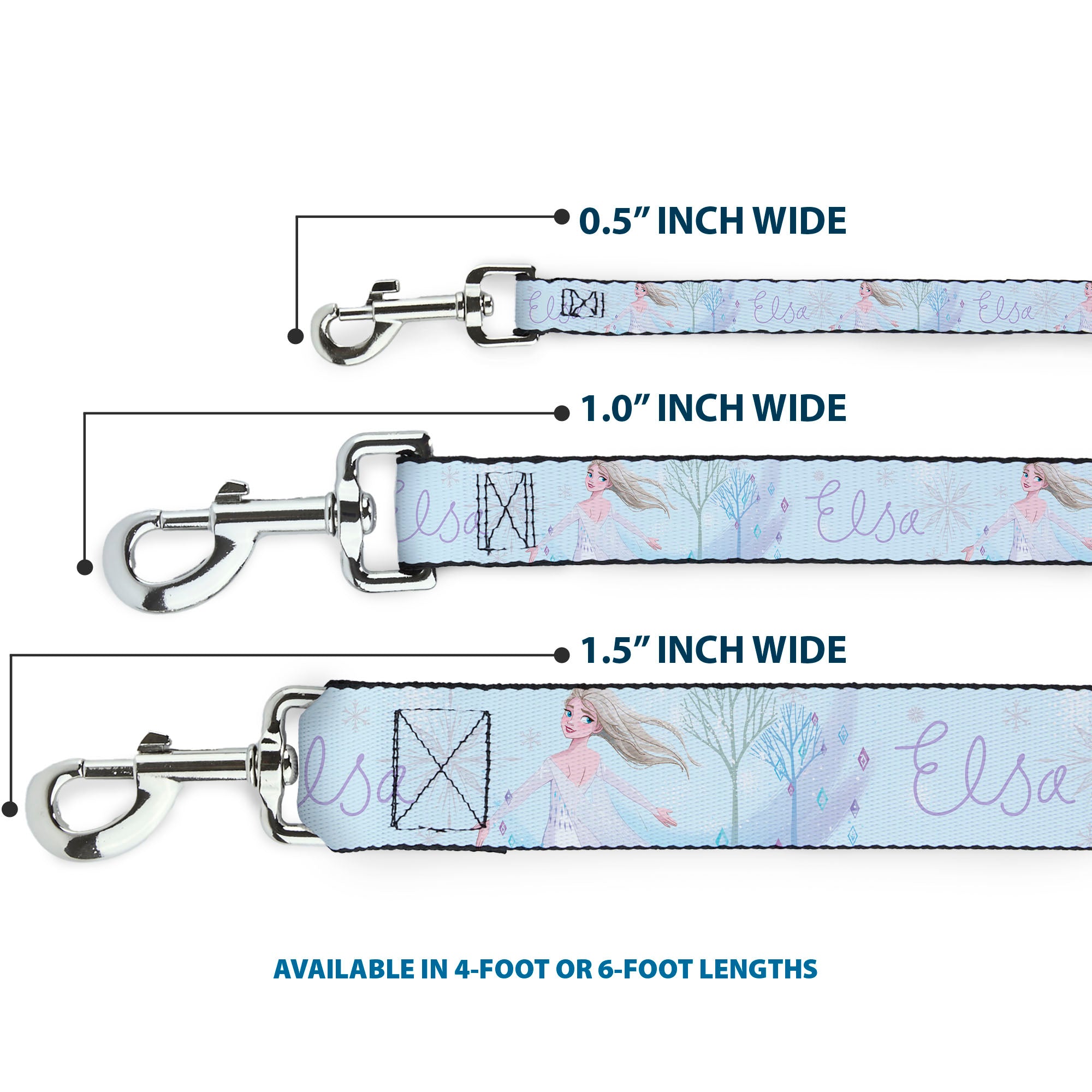 Dog Leash - Frozen Elsa Snowflake Pose with Trees and Script Blues/Purples
