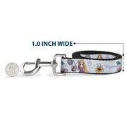 Dog Leash - Rapunzel Castle and Pascual Pose with Script and Flowers White/Purples