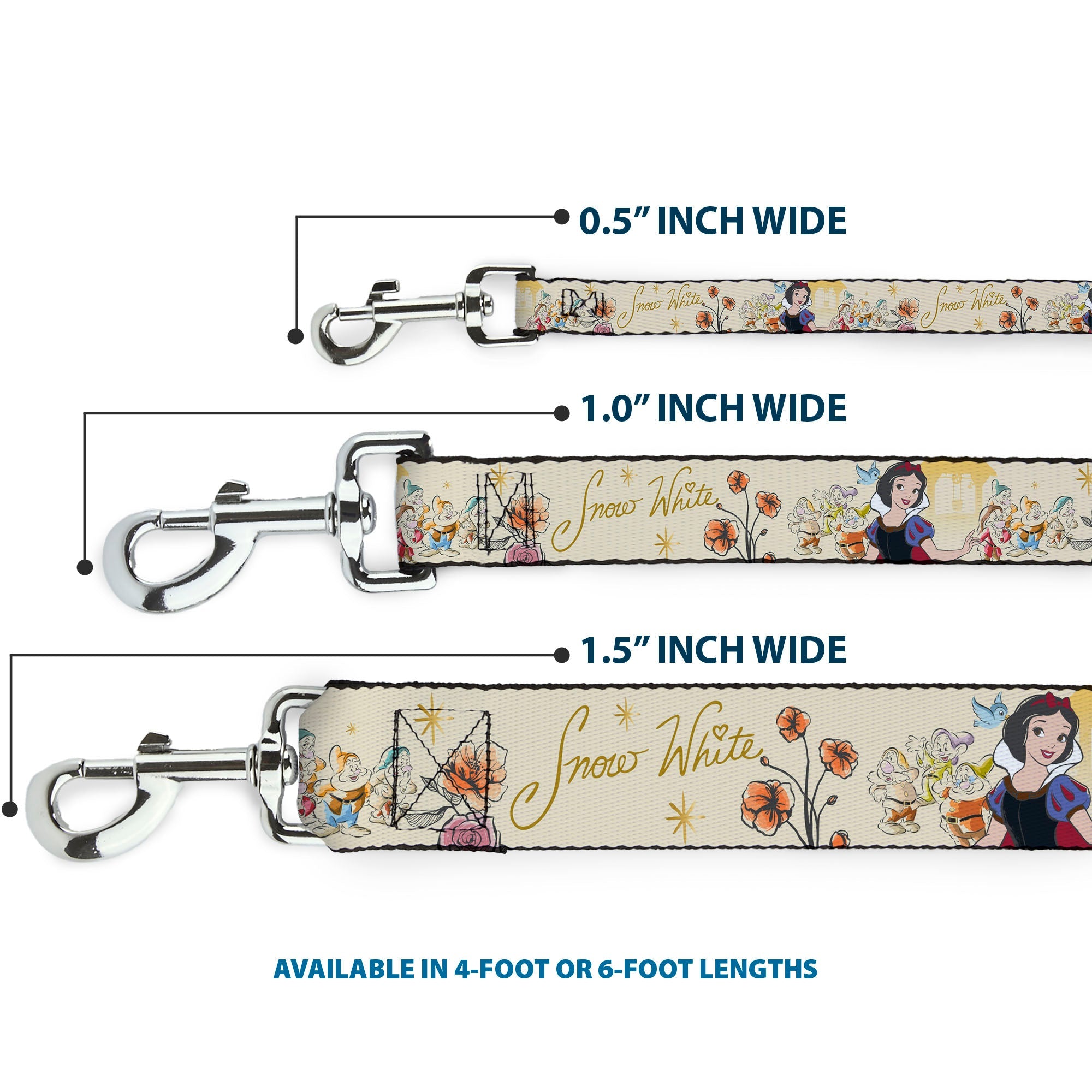 Dog Leash - Snow White and the Seven Dwarfs with Script and Flowers Yellows