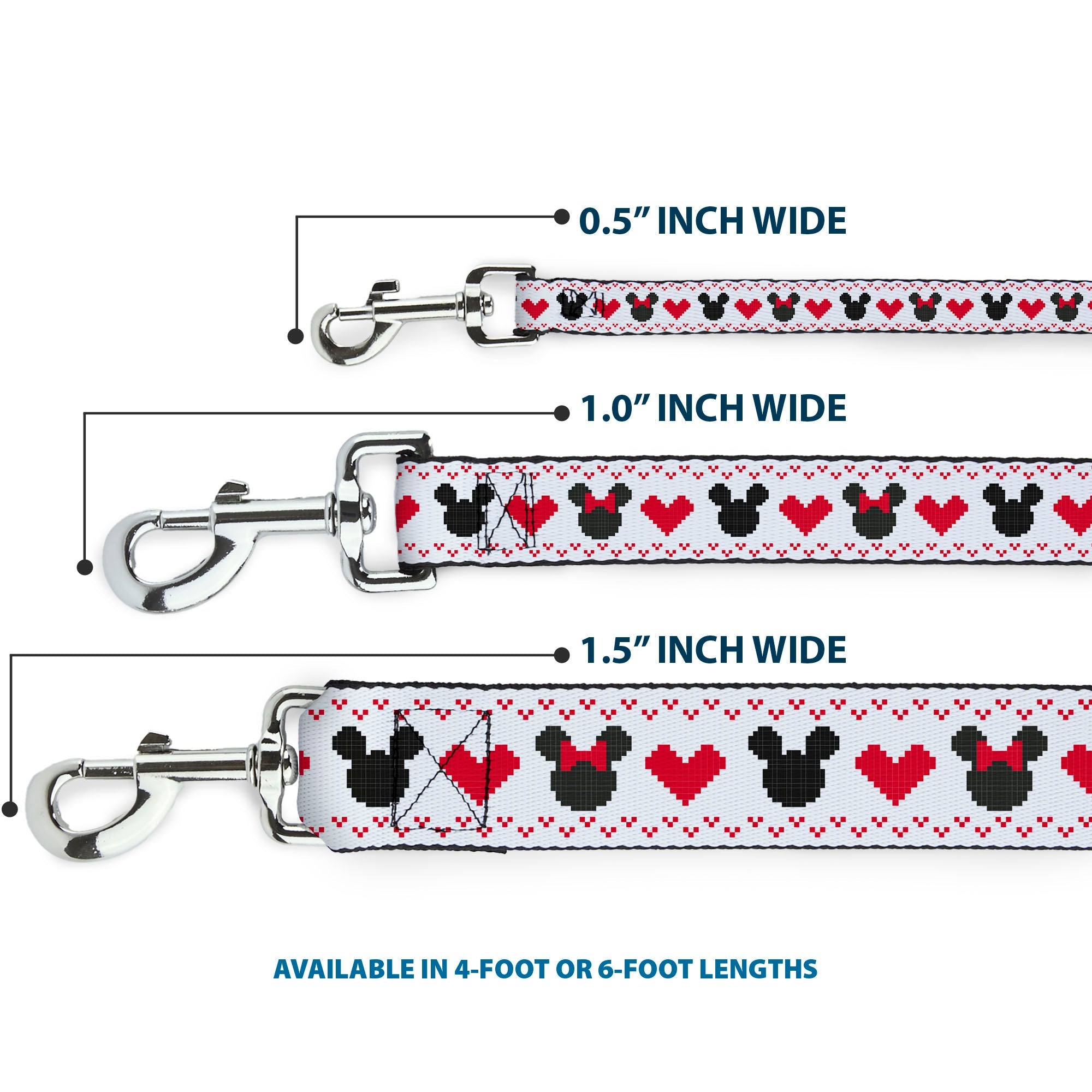 Dog Leash - Disney Holiday Mickey and Minnie Mouse Heart Sweater Stitch White/Red/Black