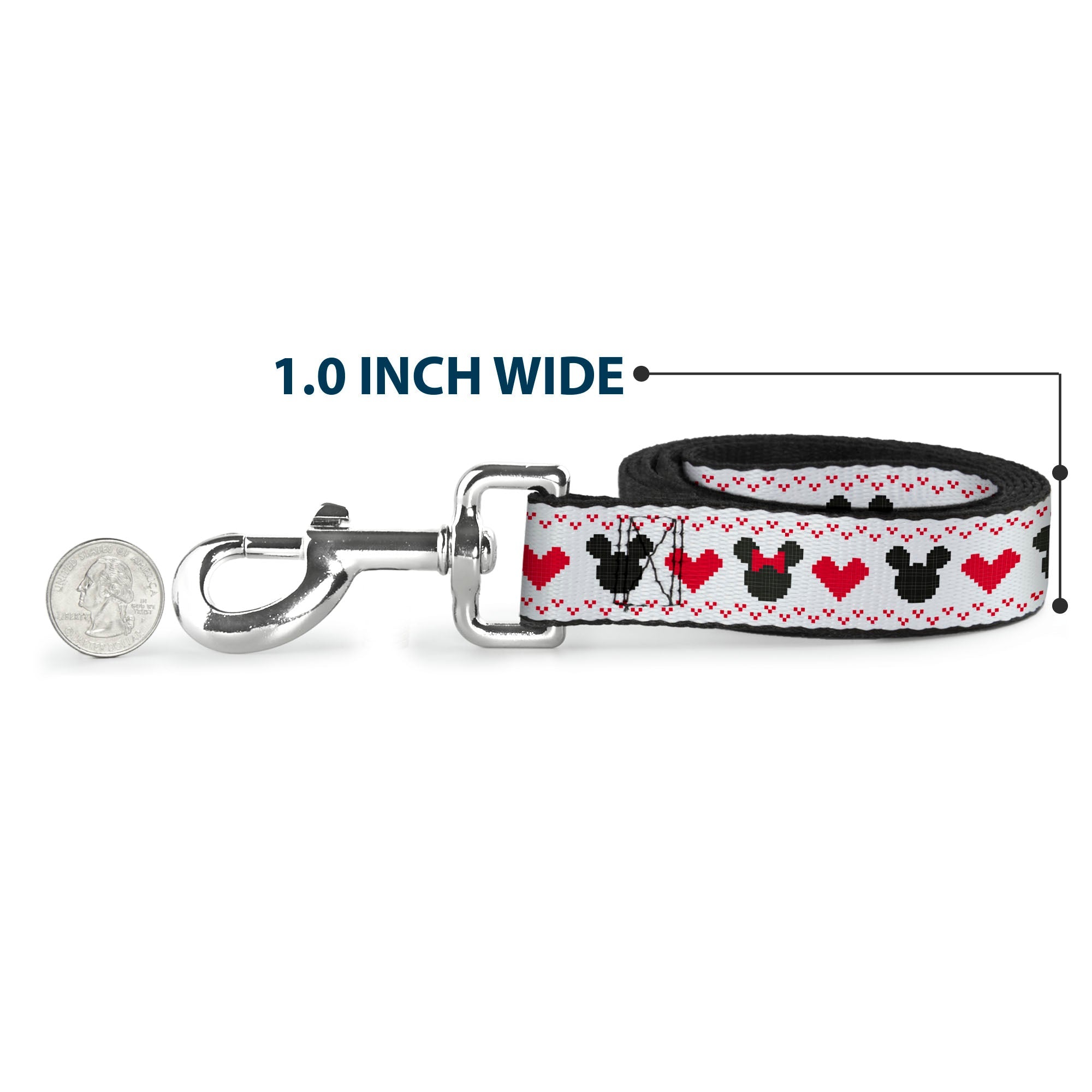 Dog Leash - Disney Holiday Mickey and Minnie Mouse Heart Sweater Stitch White/Red/Black