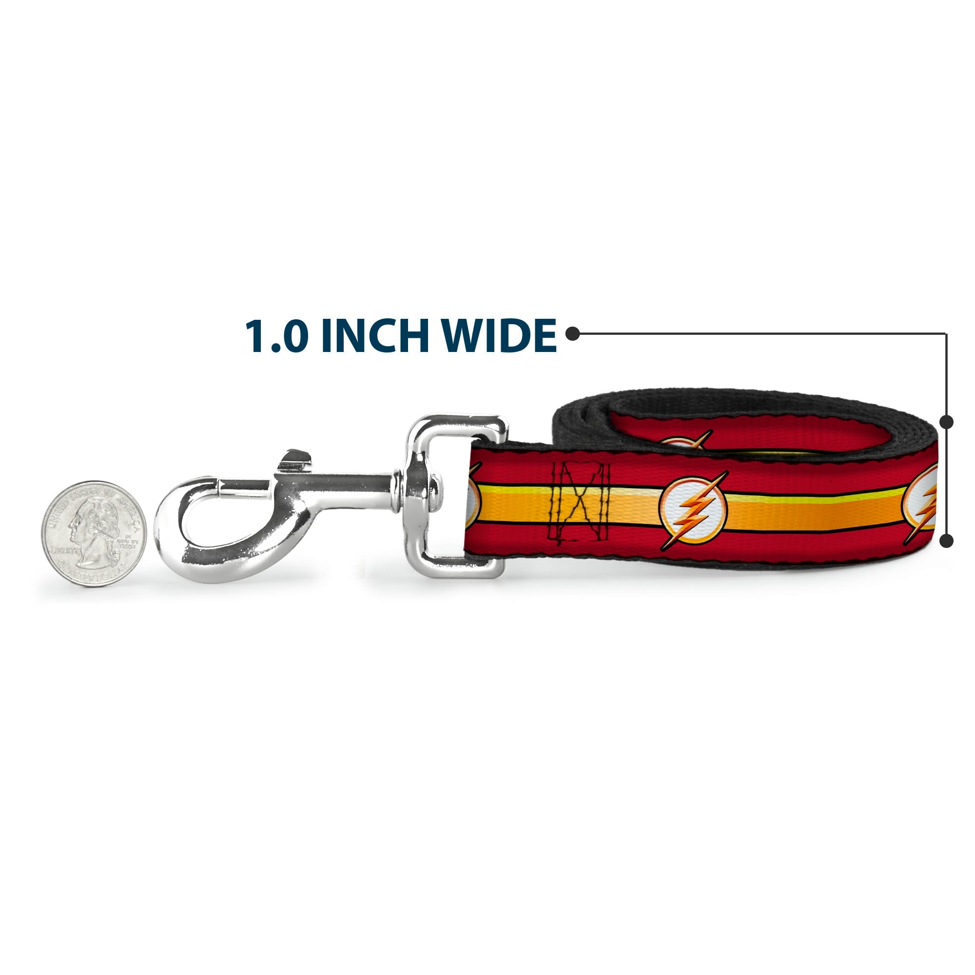Southlake Paws dog leash featuring The Flash logo in burgundy, black, gold, and white, 1 inch wide, with a metal clip.