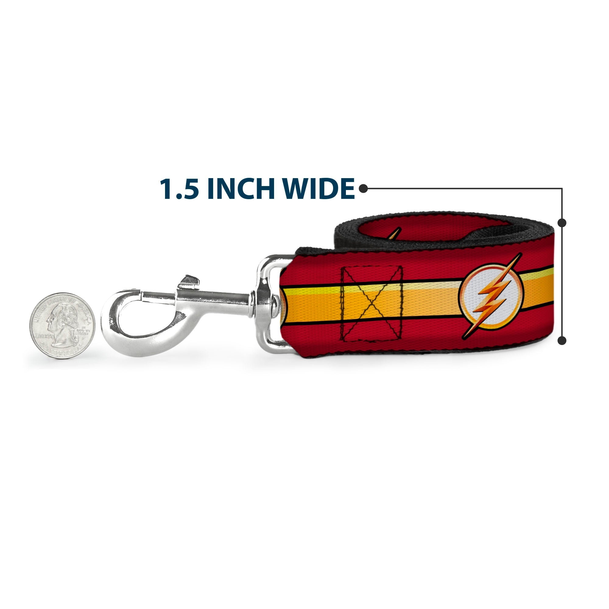 Southlake Paws dog leash featuring The Flash logo with burgundy, black, gold, and white stripes, 1.5 inches wide.