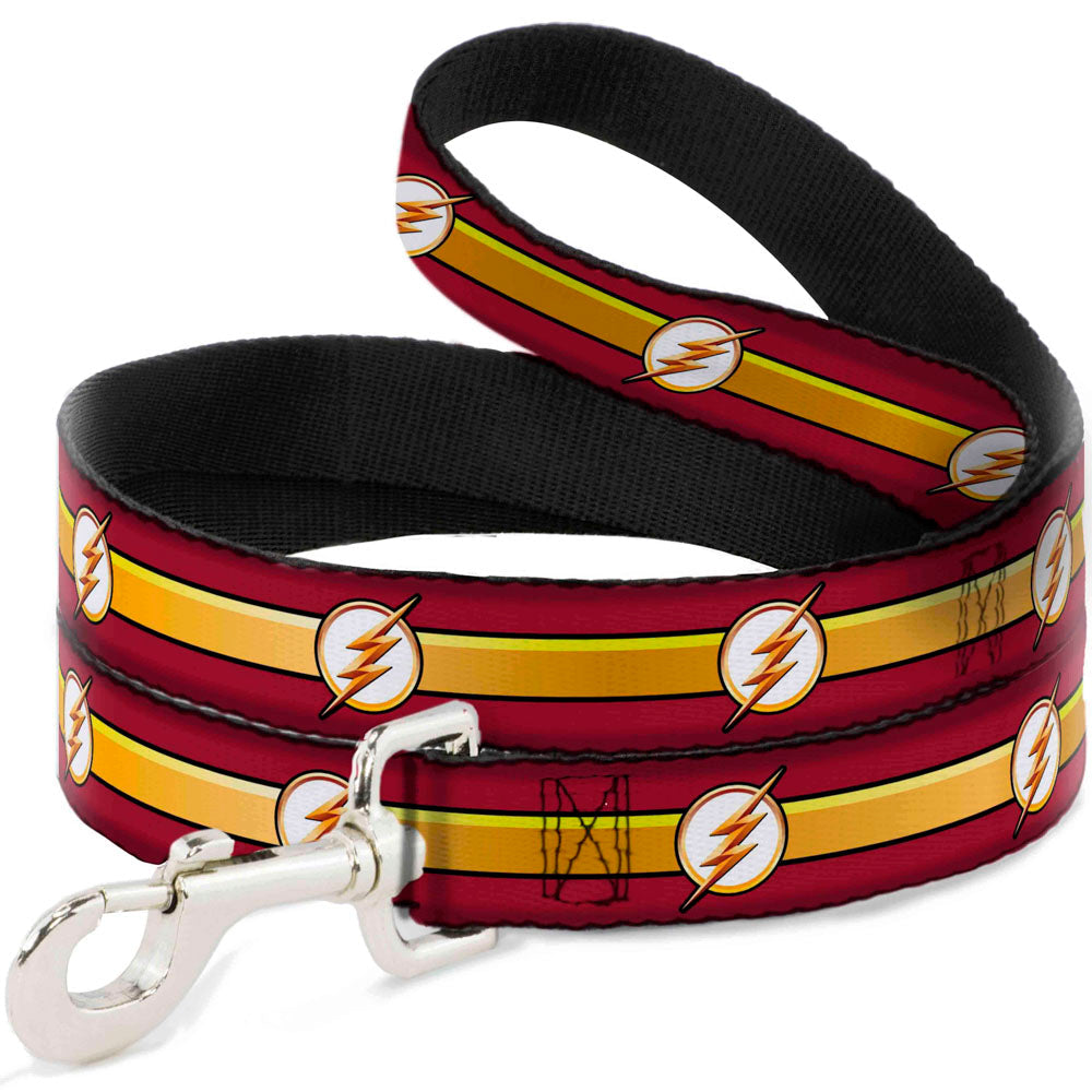 Dog leash featuring The Flash logo with a burgundy, black, gold, and white stripe design. Durable clip for attachment.